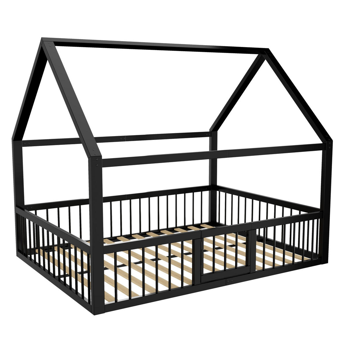 HAUSBETT aus Metall 140x200 cm Schwarz mit Dachdesign, Sicherheitsgeländer und Tür - Schwarz, Metall (140/200cm) - Modfu