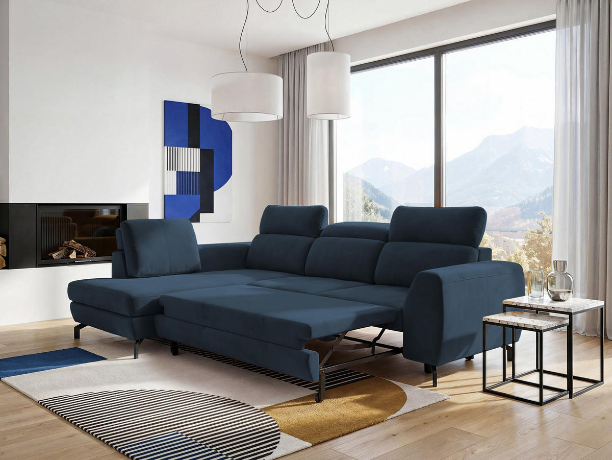 ECKSOFA ANTE Links, mit Schlaffunktion und Bettkasten, Marineblau - Dunkelblau, Textil/Metall (266/184cm) - Idohome