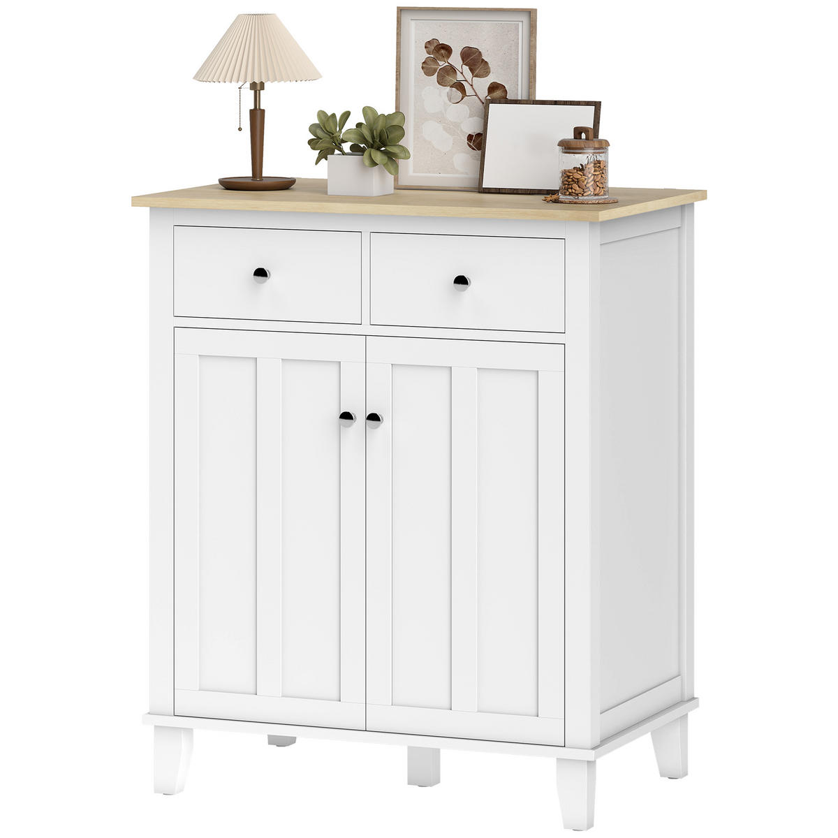 SIDEBOARD Weiß und Holzfarben, 2 Türen, 2 Schubladen, 76/48/91 cm - Weiß, Holz (76/91/48cm) - PANGIVO