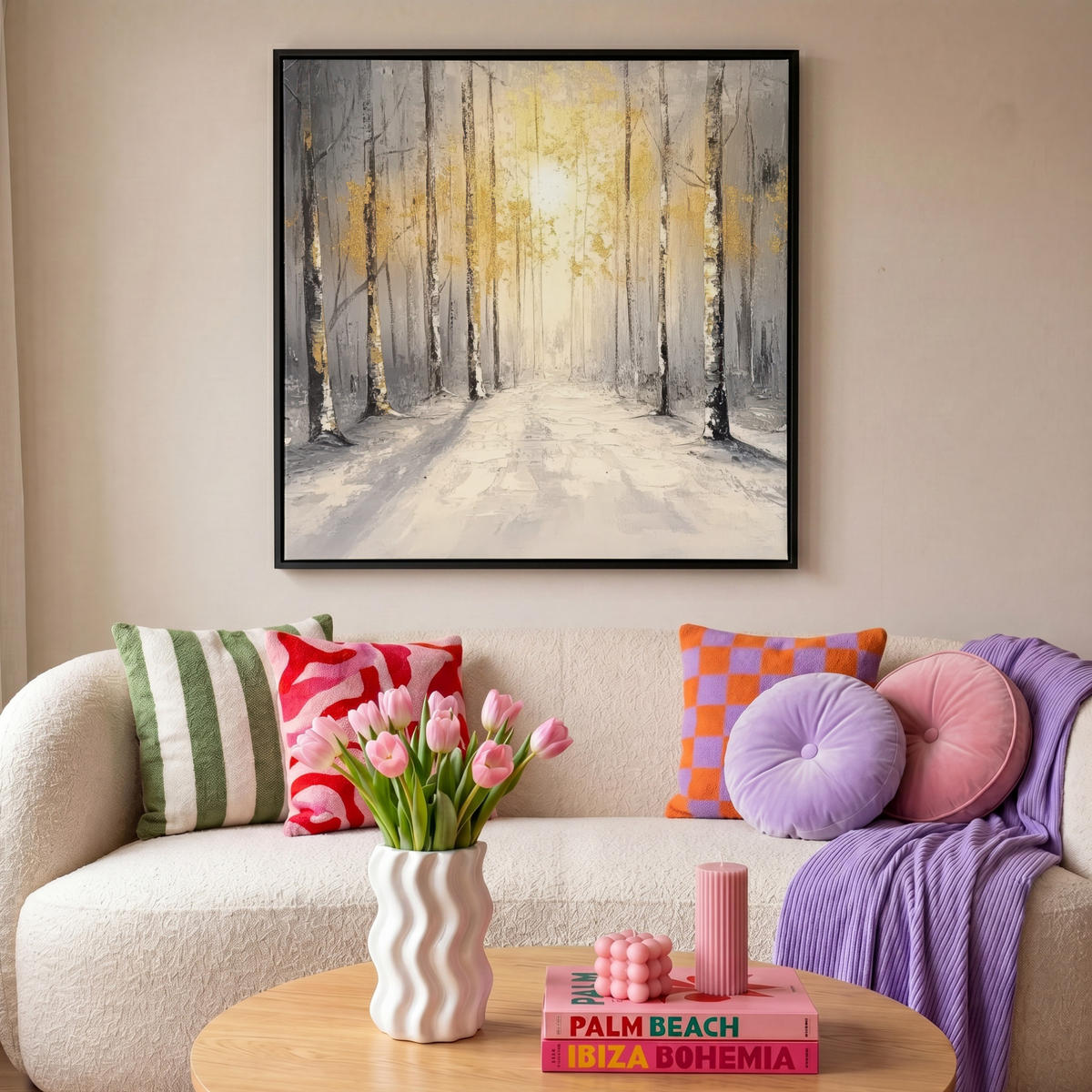 LEINWAND Bilder mit Rahmen - Winter - Abstrakt - Schnee - Natur - Sonne - 90x90 - Grau, Textil (90/90cm) - MuchoWow