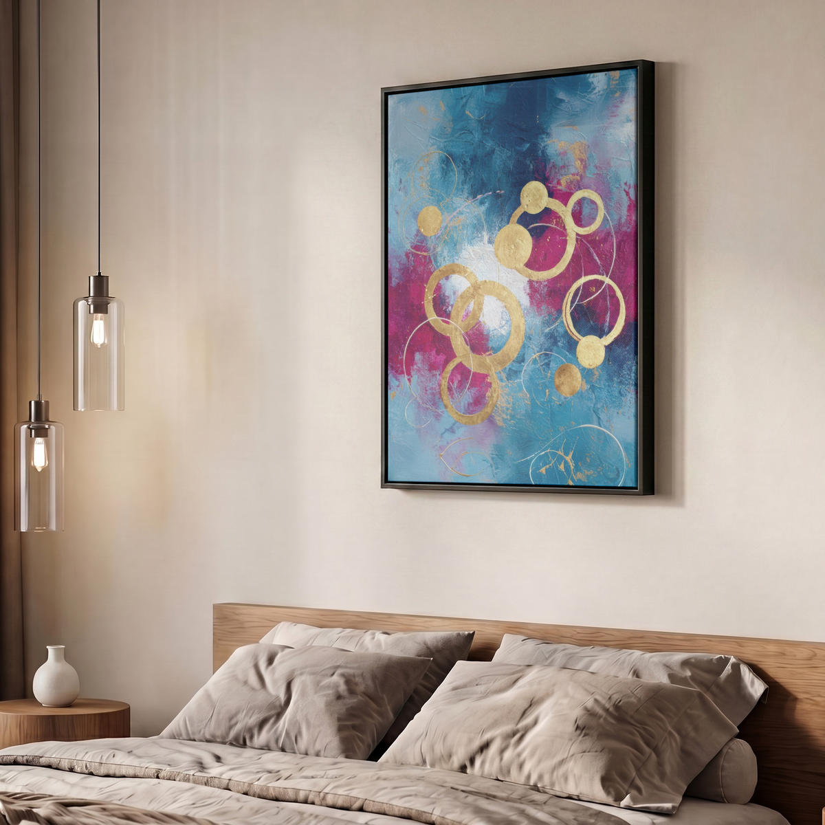 LEINWAND Bilder mit Rahmen - Kreise - Gold - Abstrakt - 50x70 - Blau, Textil (50/70cm) - MuchoWow