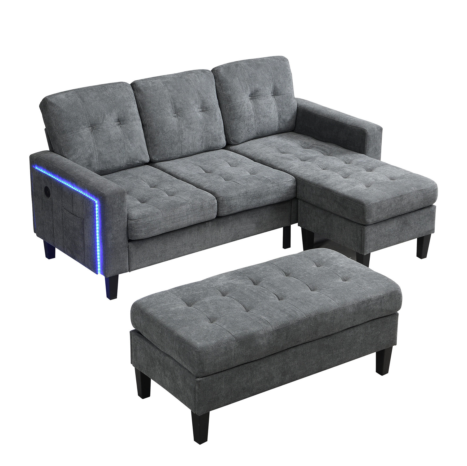 ECKSOFA 185/135/85 cm mit Schlaffunktion Antique Gray aus Chenille mit LED und USB - Grau, Kunststoff (135/185cm) - OKWISH