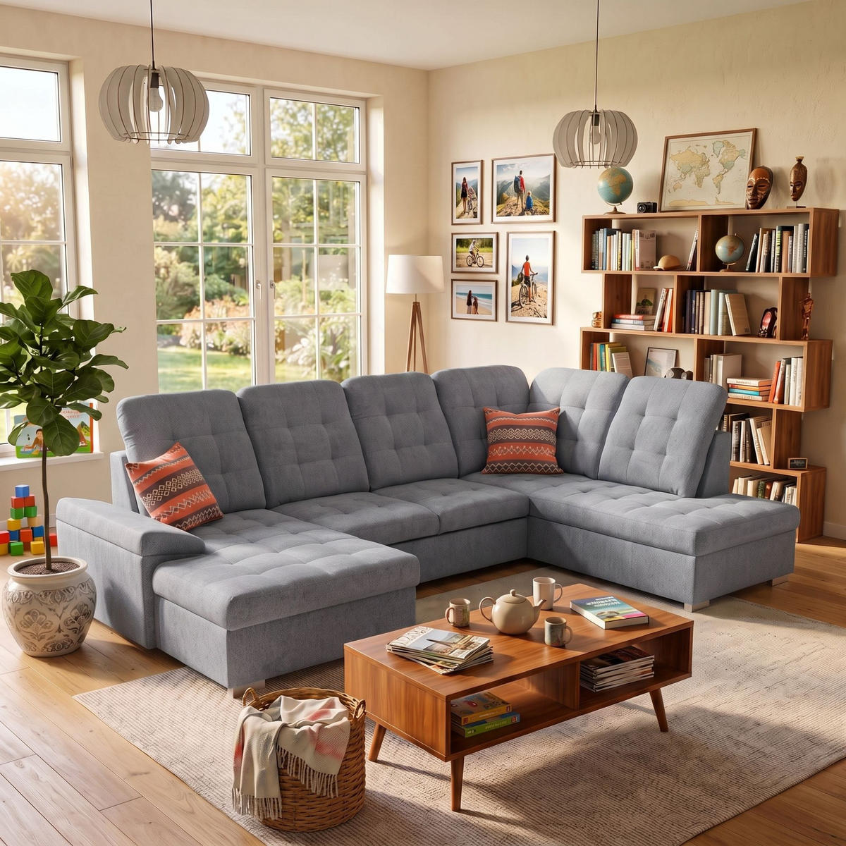 ECKSOFA U-Form OLIVIA U Rechts mit Schlaffunktion 124x257 Velours Grau - Silberfarben/Grau, Holz/Kunststoff (202/103/320cm) - Muffo