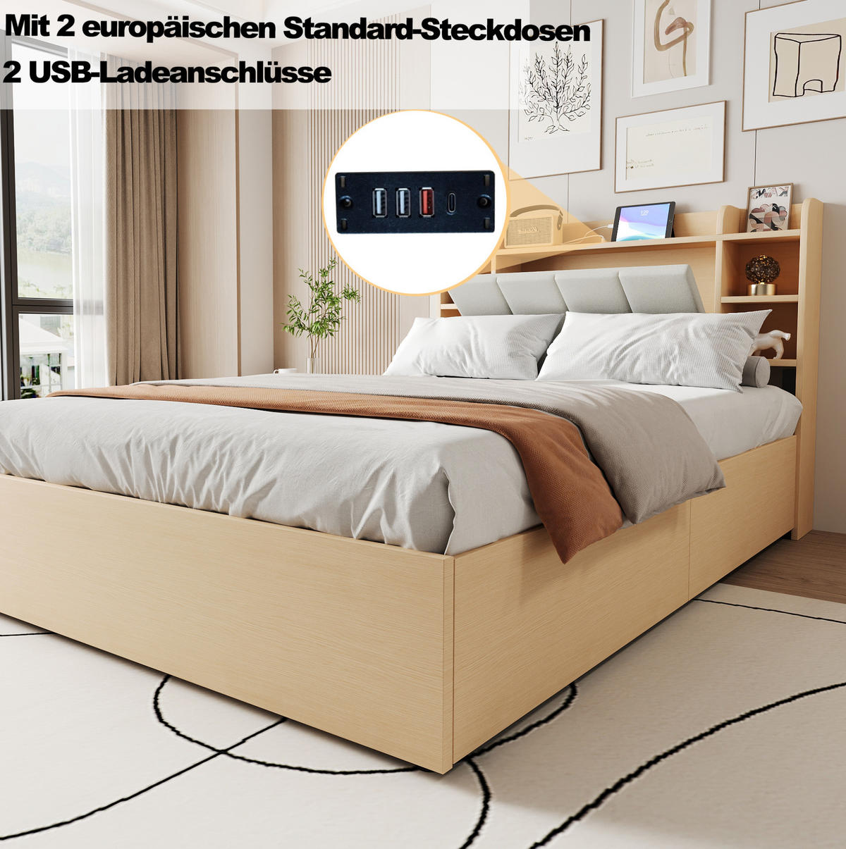 BETT aus MDF 140x200 cm Naturholz mit hydraulischem Stauraum, Kopfteilfächern und USB-C-Anschluss - Naturfarben, Holzwerkstoff (140/200cm) - IVMEU