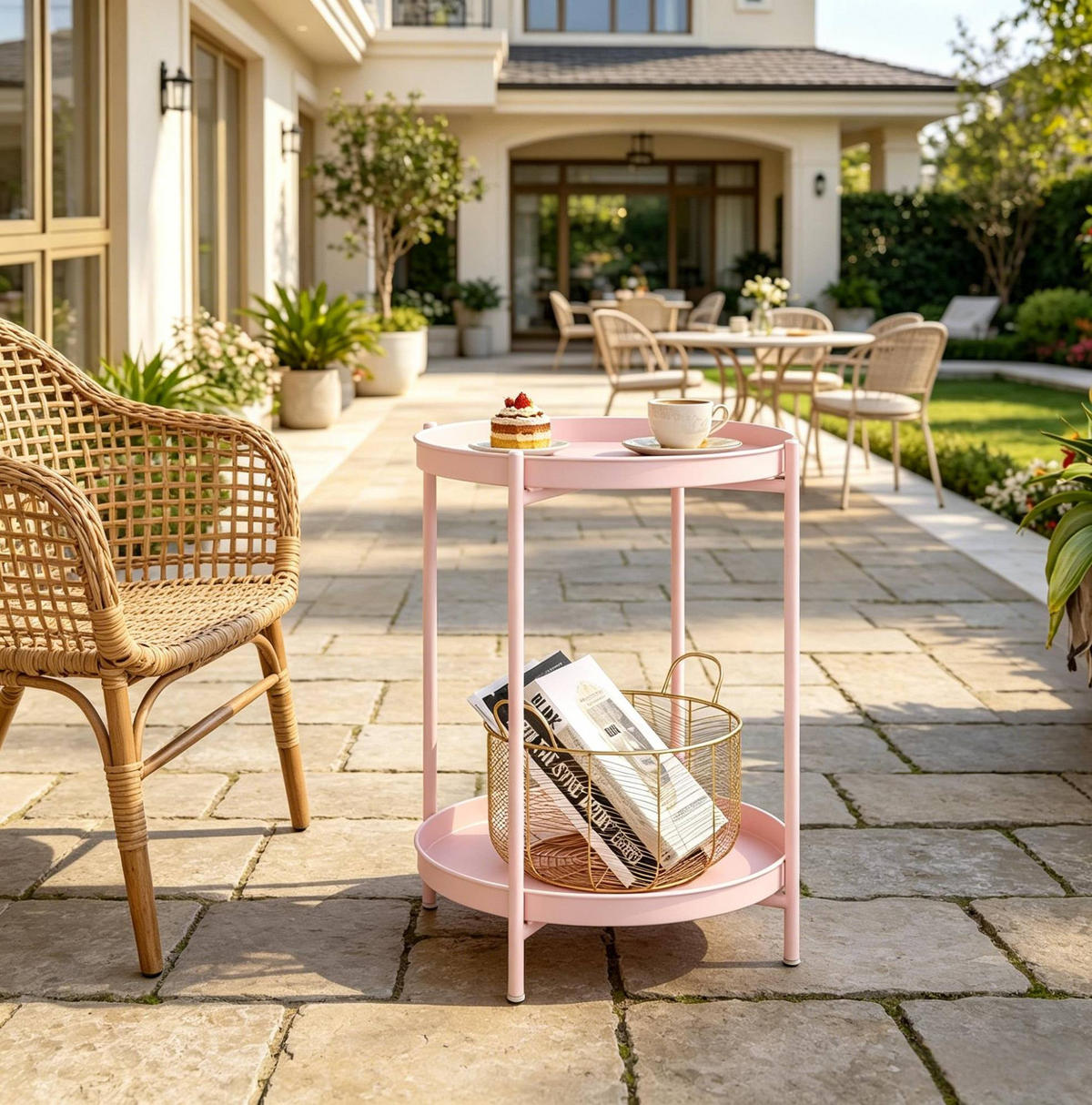 RUNDER Beistelltisch aus Metall 44x44x53 cm Pink mit 2 abnehmbaren Schalen - Pink, Metall (44/44/53cm) - IVMEU