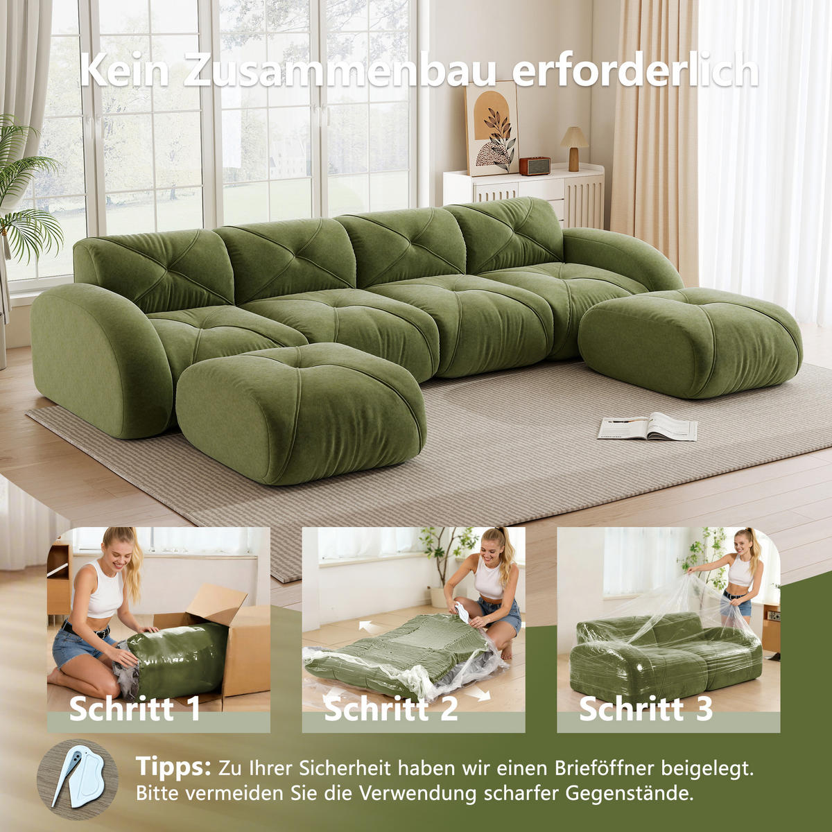 WOHNLANDSCHAFT Chenille Grün mit 2 Hocker - Grün, Textil (358/76/171cm) - WISHDOR