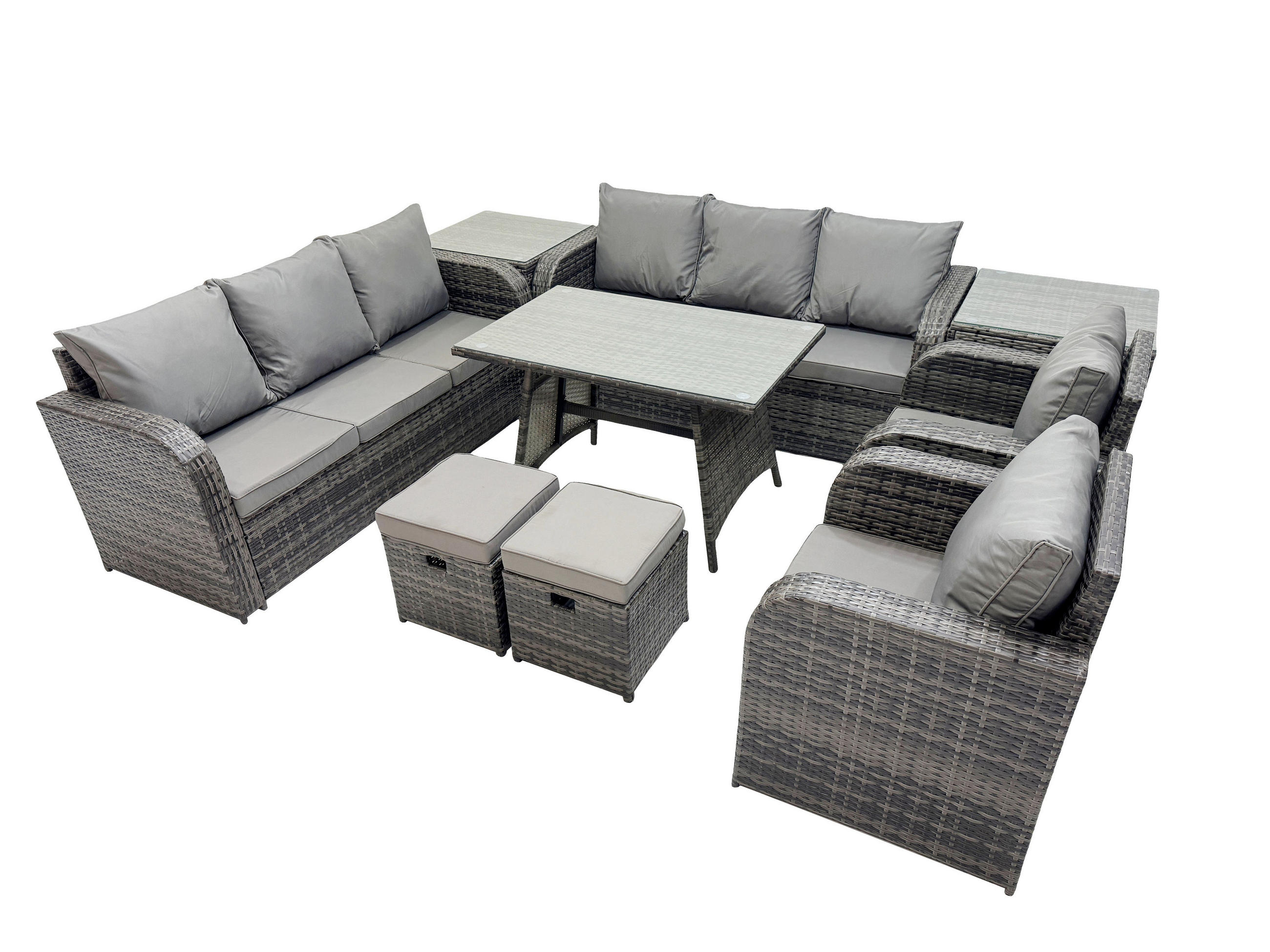 GARTENSET Hohe Rückenlehne Polyrattan 10-Sitzer - Dunkelgrau/Grau, Glas/Kunststoff - Fimous