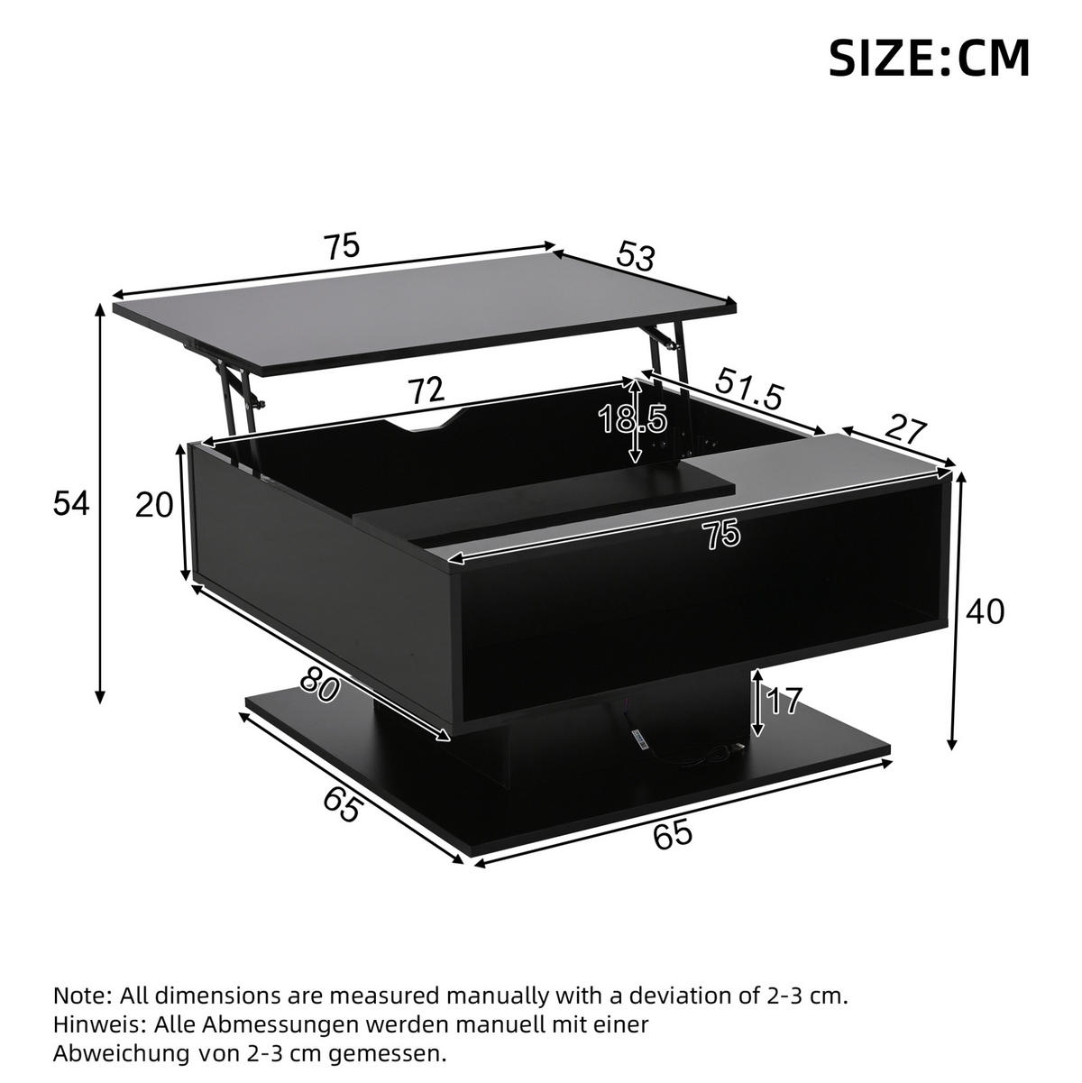 COUCHTISCH aus Spanplatte 80x75x40 cm Schwarz mit Hubfunktion, Stauraum und LED-Beleuchtung - Schwarz, Holzwerkstoff (75/80/40cm) - IVMEU