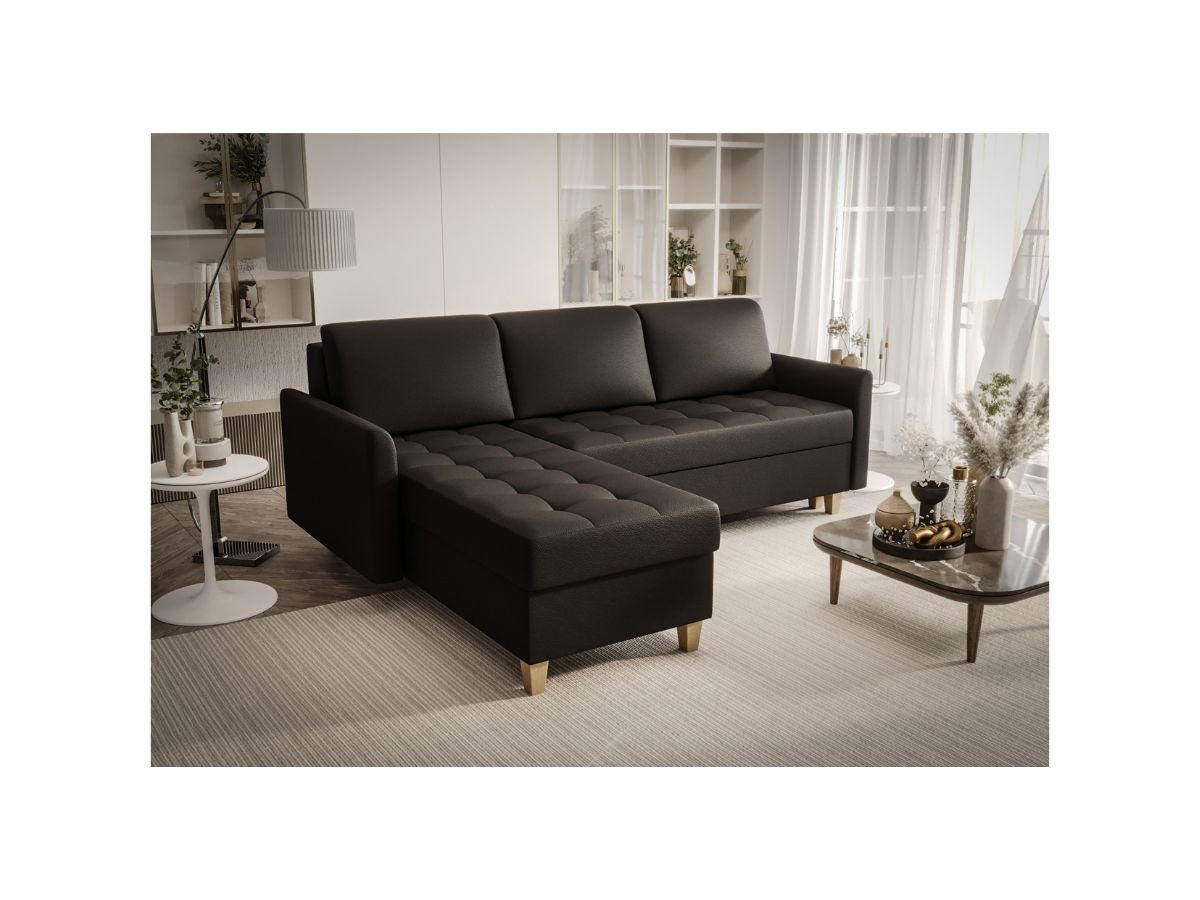 ECKSOFA KONGO RBN08, Eckcouch in L-Form mit Schlaffunktion, Farbe: Schwarz, Kunstleder, Ottomane Links - Schwarz, Textil (240/180cm) - O-Sofa