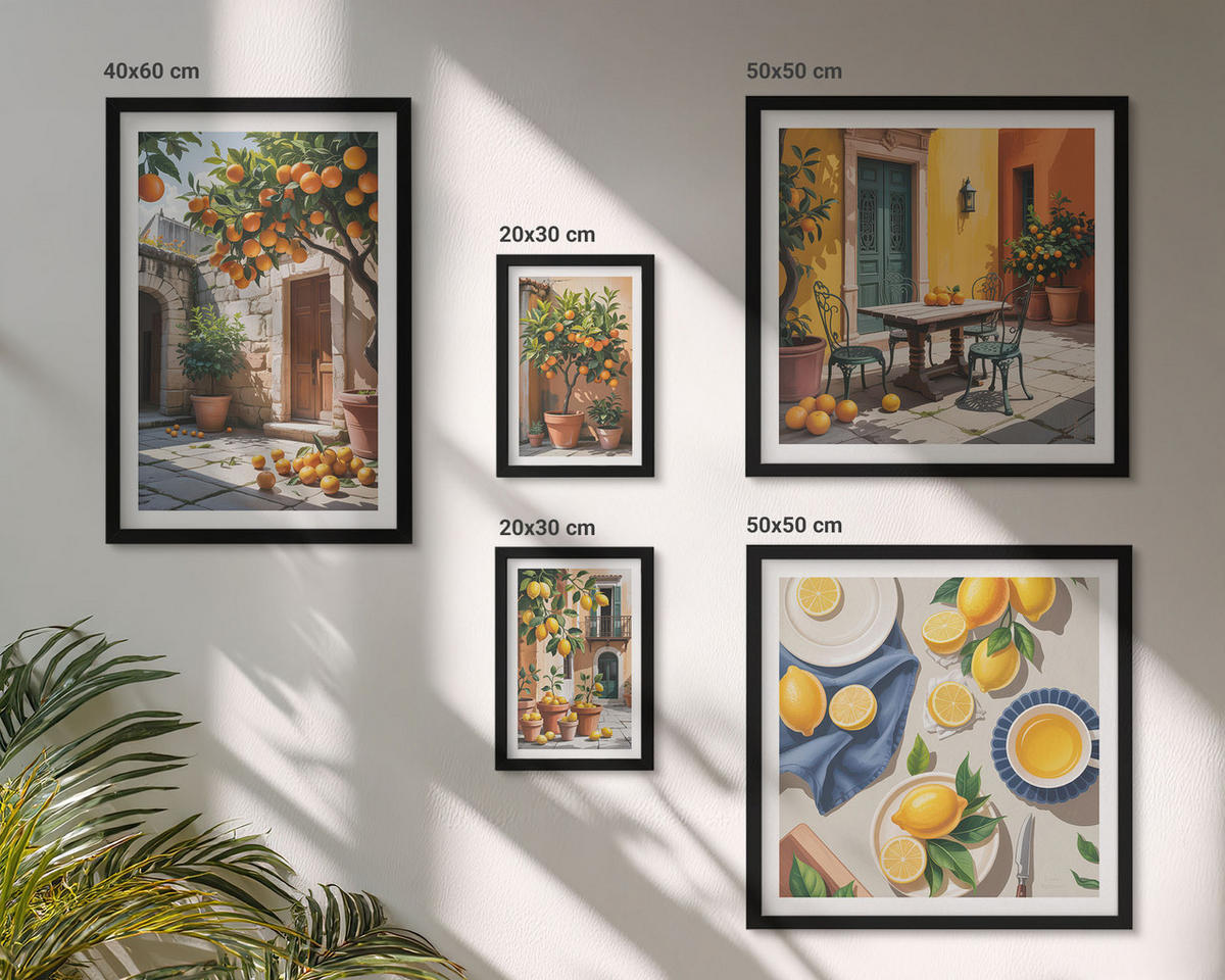 BILDER SET 5er Set - 50x50 cm & 20x30 cm & 40x60 cm Schwarzer Rahmen - Zitrusgarten in der Sonne - Schwarz, Kunststoff (40/60cm) - TULUP