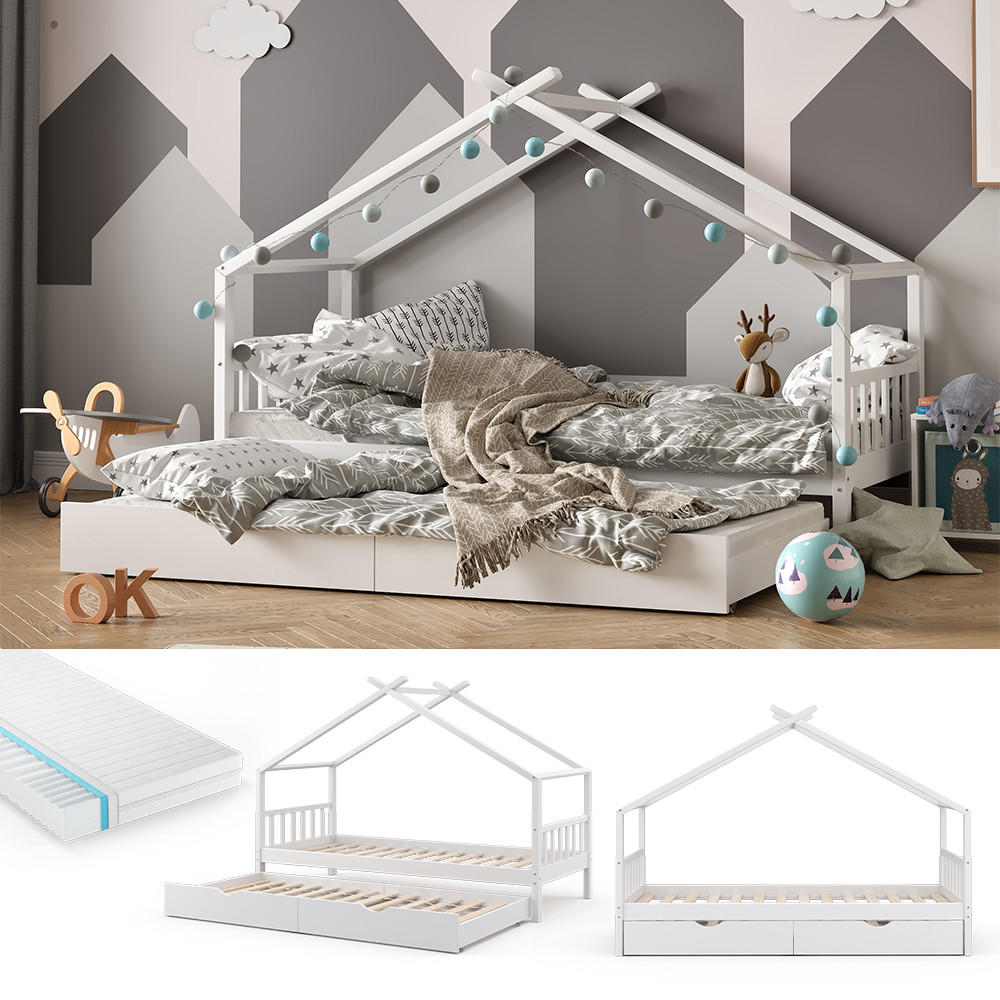 HAUSBETT Design Weiß 90x200 cm mit Gästebett und Matratze - Weiß, Holz (90/200cm) - VitaliSpa