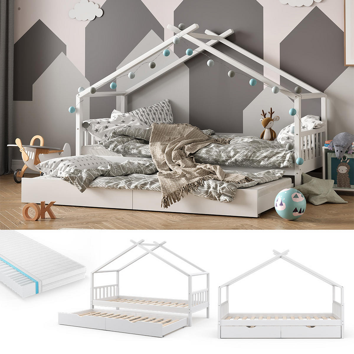 HAUSBETT Design Weiß 90x200 cm mit Gästebett und Matratze - Weiß, Holz (90/200cm) - VitaliSpa