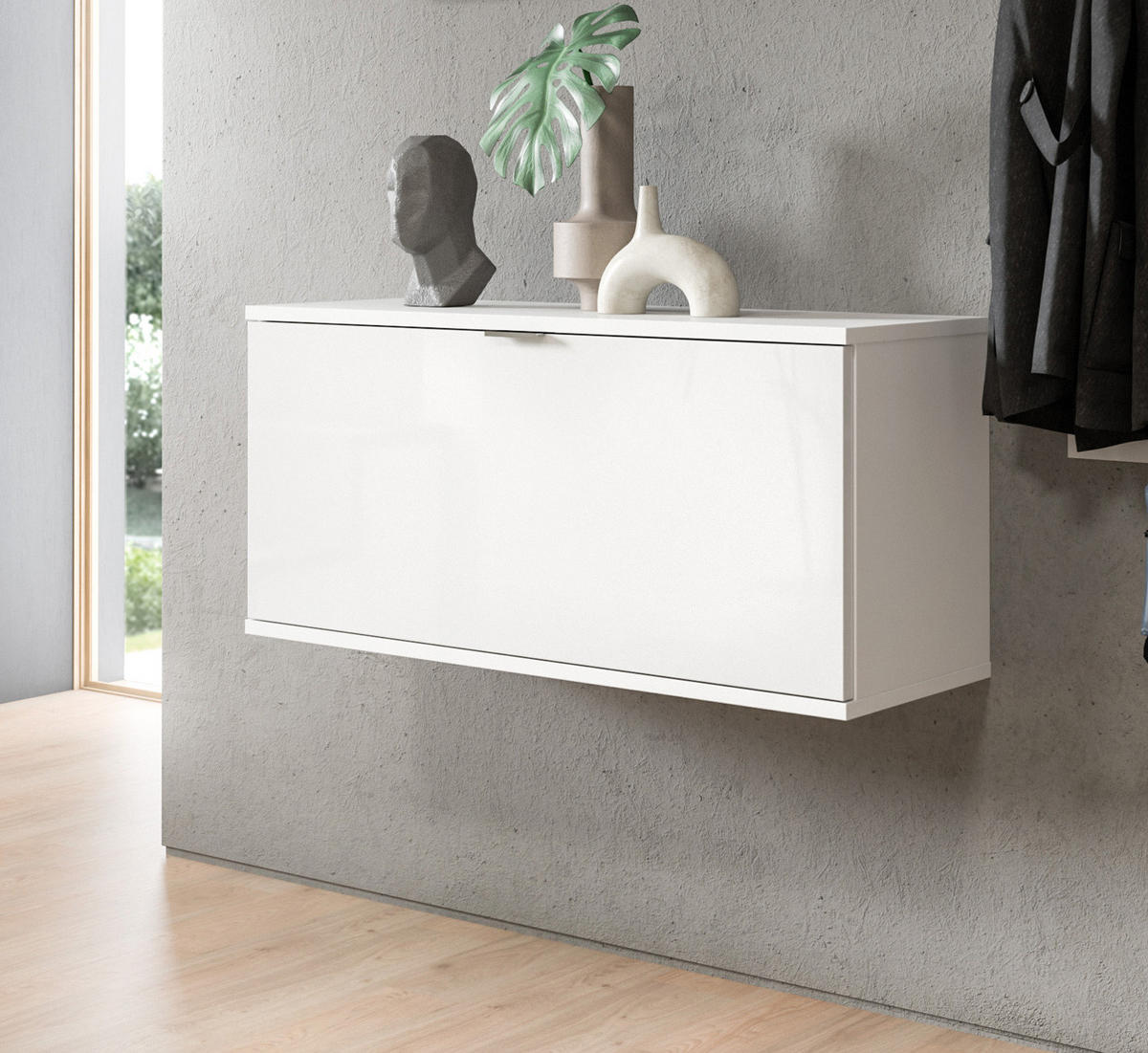 SCHUHSCHRANK weiß Hochglanz 91 cm, Kommode hängend, Flur- und Dielenmöbel - Chromfarben/Weiß Hochglanz, Holzwerkstoff/Kunststoff (91/43/34cm) - Inn.Furn