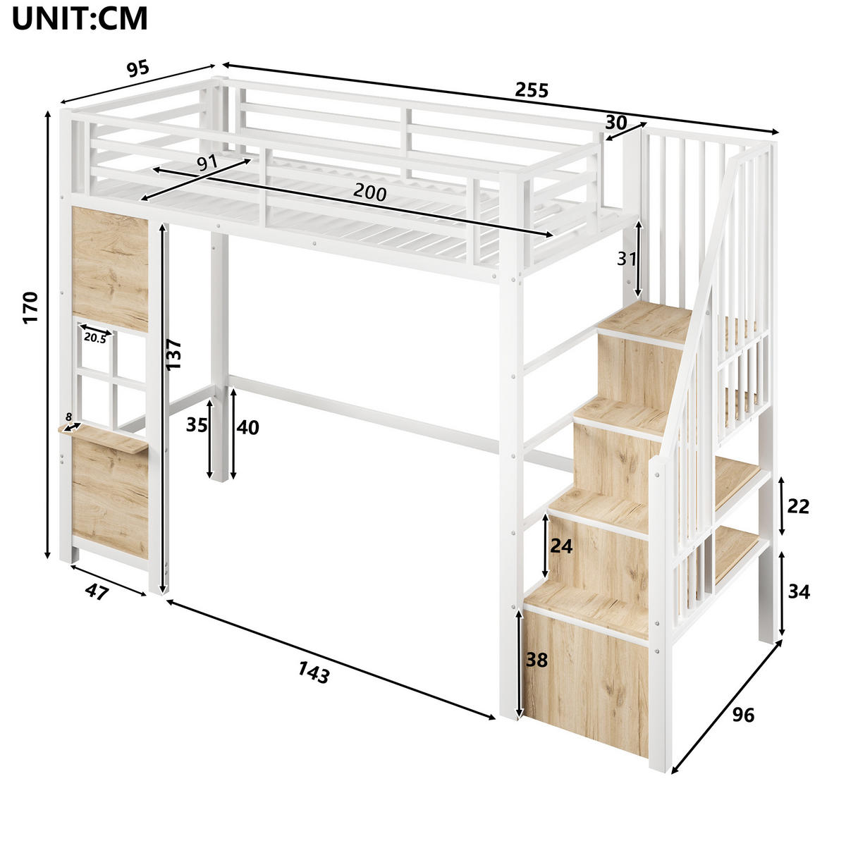 HOCHBETT 90/200 cm aus MDF und Metall mit Ablageleiter, Weiß - Weiß, Holzwerkstoff (90/200cm) - OKMYHOME