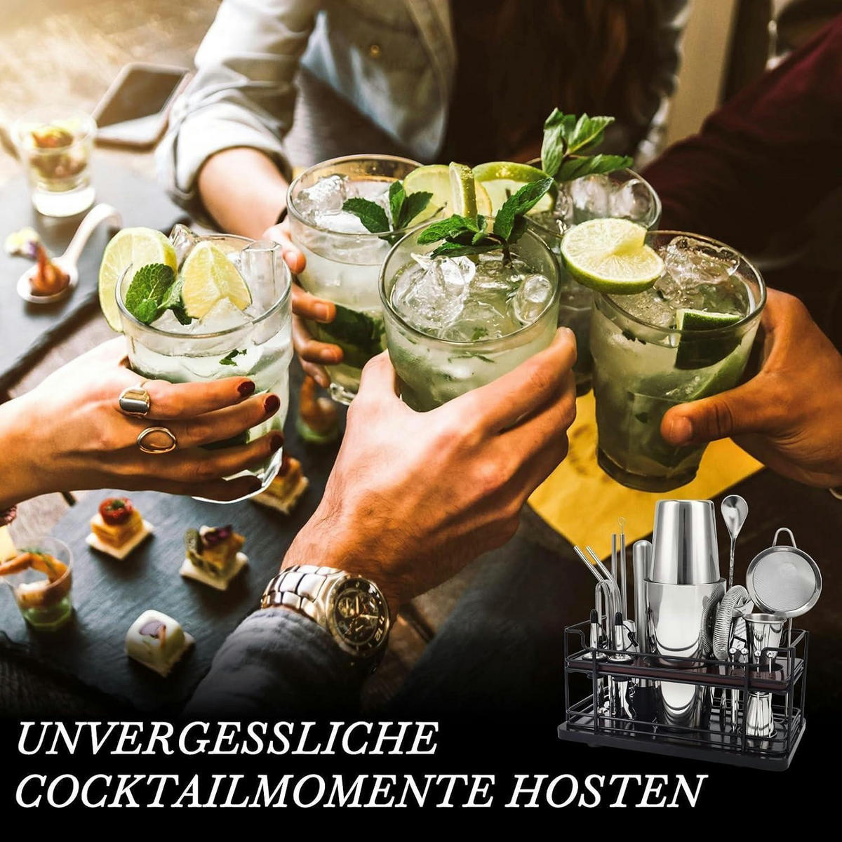 COCKTAIL Shaker Set 20-teilig Edelstahl 825 ml mit Ständer & Rezeptbuch - Silberfarben, Metall (15/15/25cm)