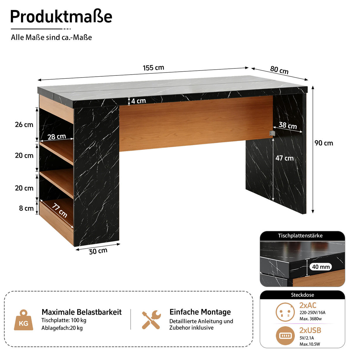 KÜCHENINSEL 90 cm MDF Schwarz Natur mit LED-Beleuchtung und USB-Steckdose - Schwarz, Holzwerkstoff (80/90/155cm) - Korfee