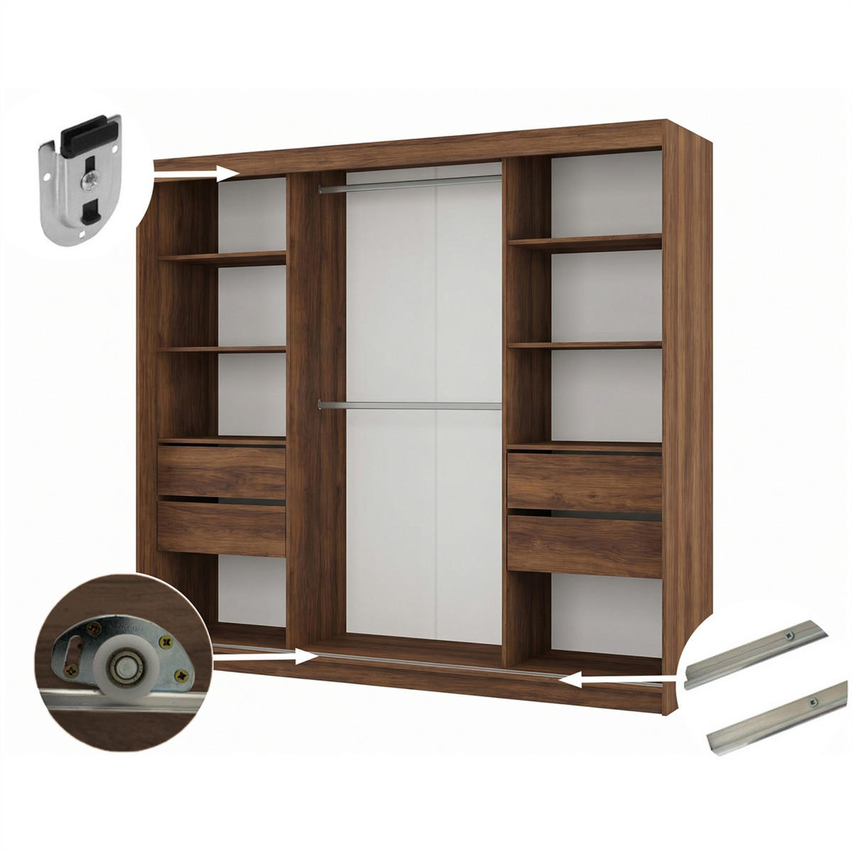 SCHWEBETÜRENSCHRANK Nela II mit Schubladen und Spiegel 200/216/61 Walnuss+Schwarz - Walnussfarben, Holzwerkstoff (200/216/61cm) - Beautysofa