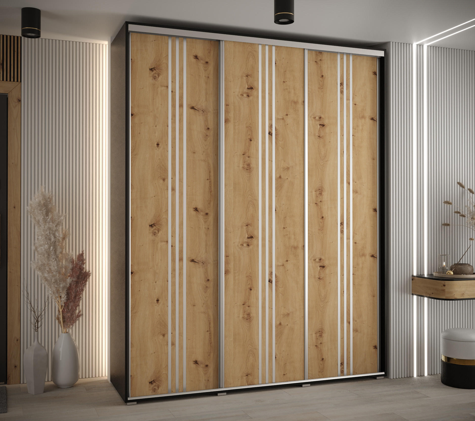 SCHWEBETÜRENSCHRANK 235,2/190/45 3-türig - Silberfarben/Schwarz, Holz/Metall (190/235/45cm) - Abiks Möbel