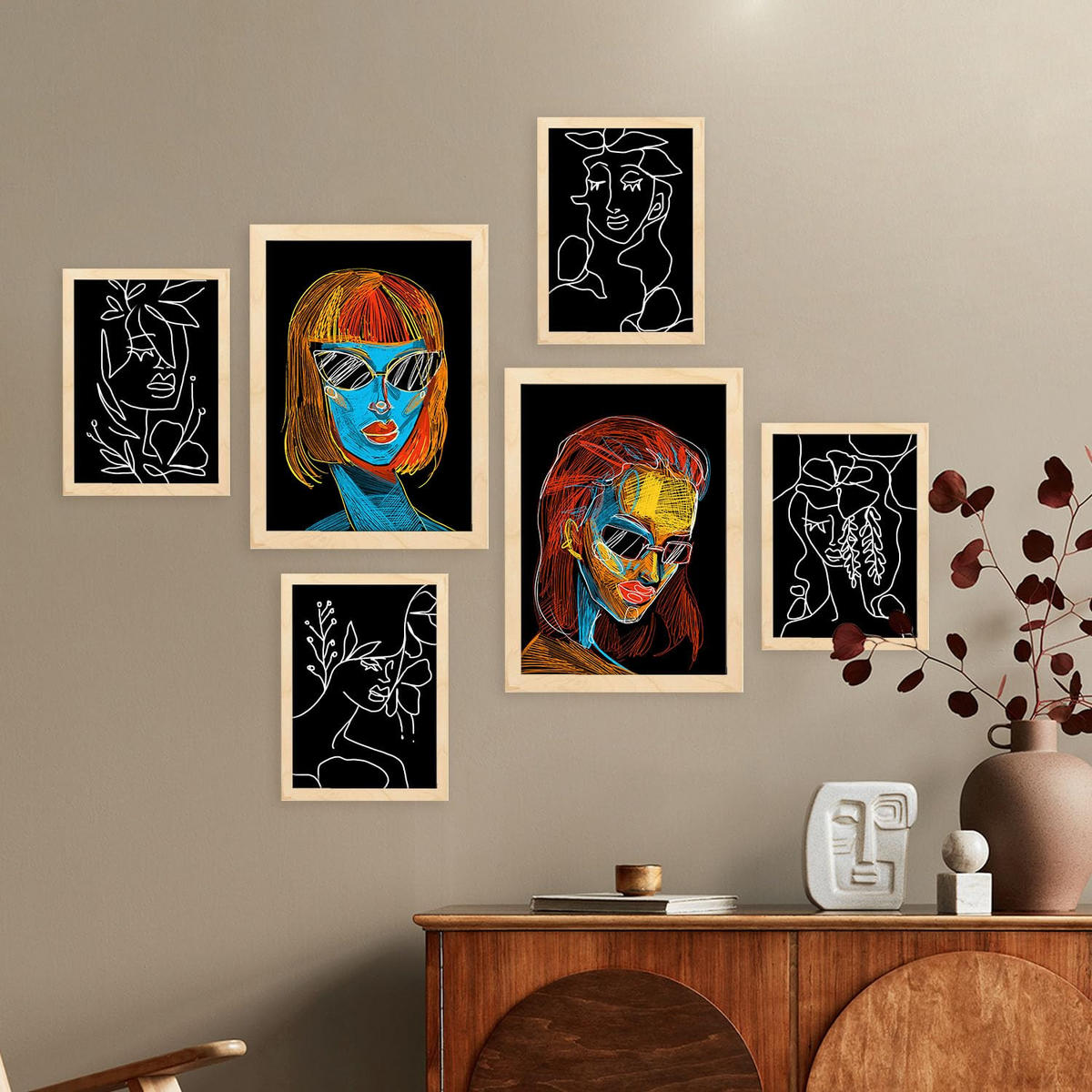 POSTER Set Mit 6 Schönheitstöne 1 In Weibliche Zusammenfassung Ästhetische Dekorative Gemälde Für Ihr Zuhause A3 & A4 Rahmen Aus Hellem Holz - Beige, Papier (29/3cm) - Nacnic