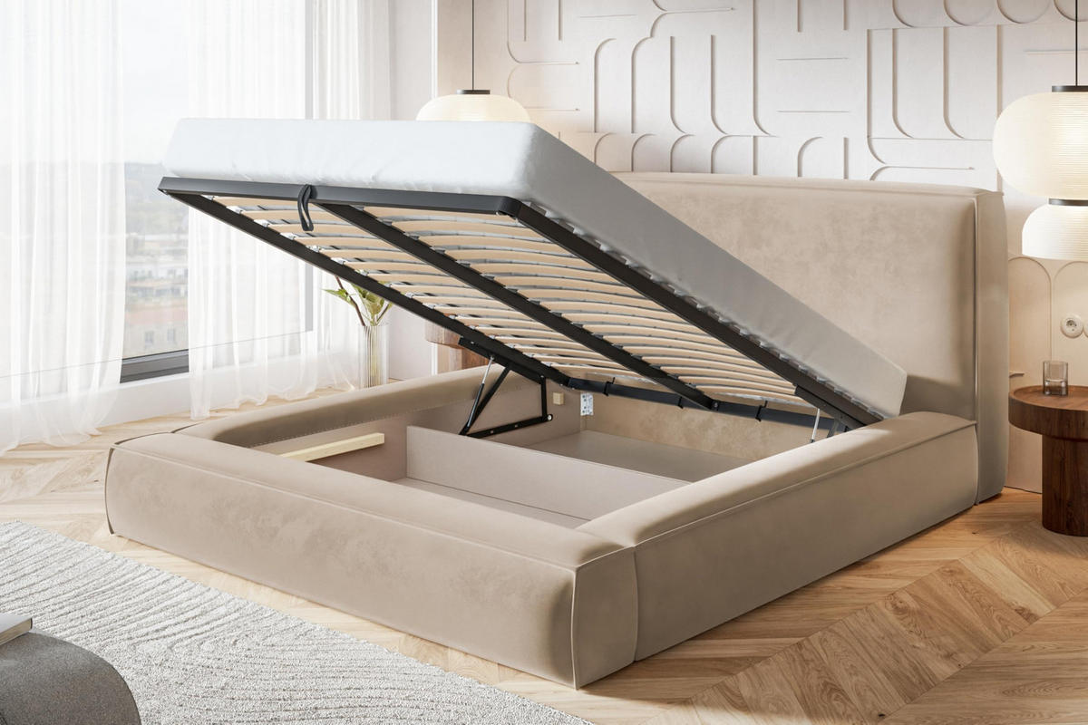 BETT 140x200 - Polsterbett mit Bettkasten und Metallrahmen - Modern Bett - Eleganter Catch-Me-Stoff - Kollektion Luna Maxi - Weiß - Weiß, Holz/Textil (140/200cm) - Alpi-Möbel