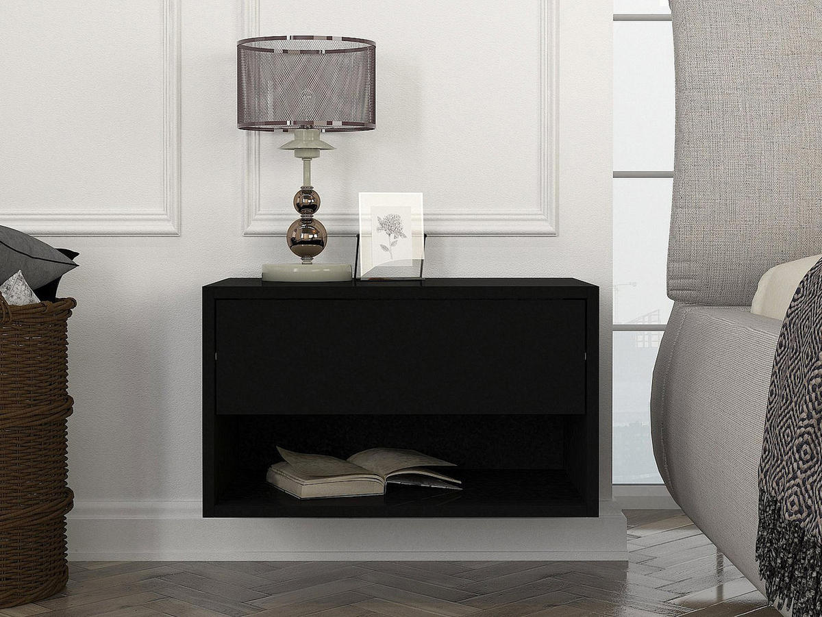 2ER-SET Nachttische hängend - 1 Schublade & 1 Ablage - Schwarz - RITAMI - Schwarz, Holz (60/35/40cm) - Vente-Unique