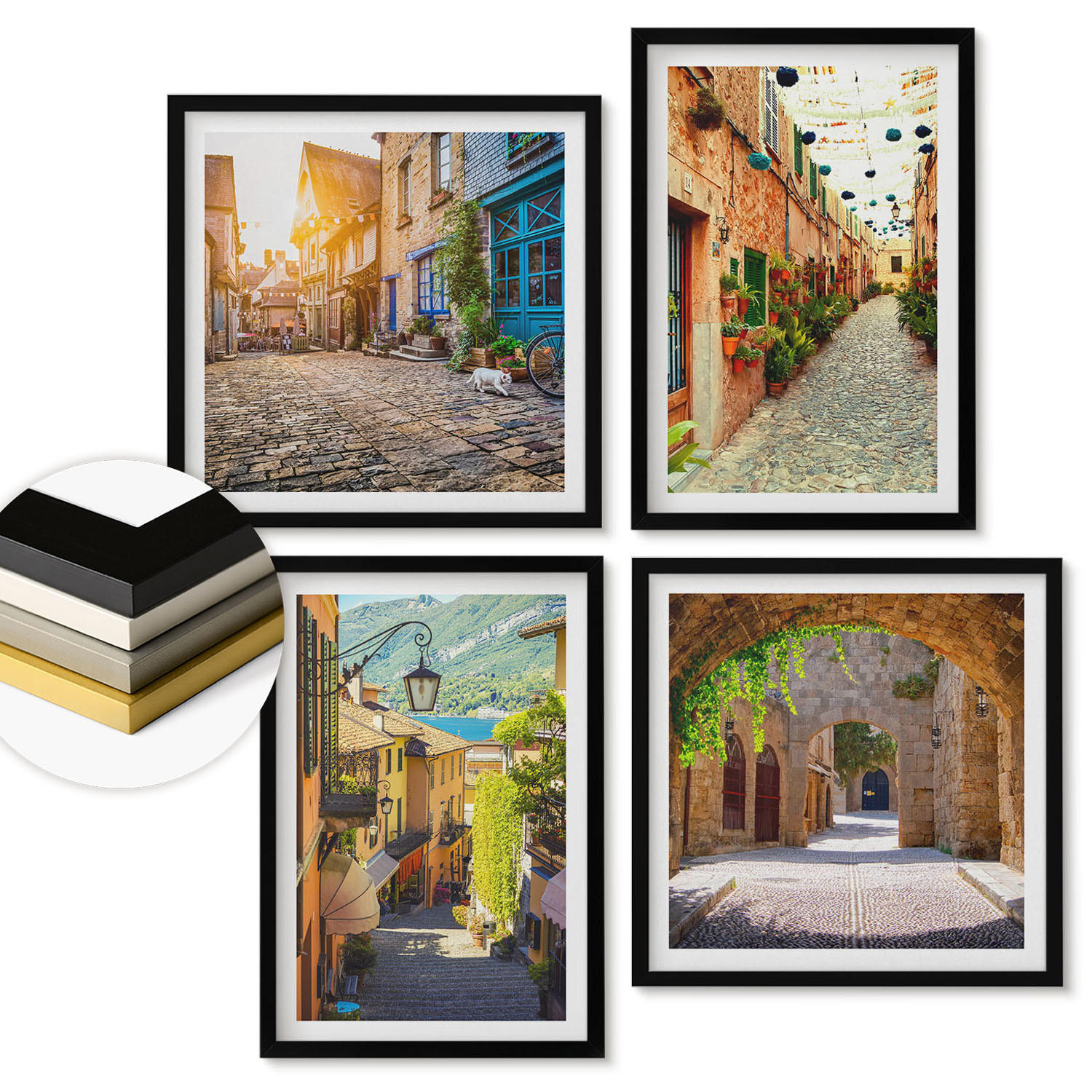 WANDBILDER 4er-Set - 50x50 cm & 40x60 cm Schwarzer Rahmen - Charmante Straßen mit Steinen - Schwarz, Kunststoff (50/50cm) - ArtPrintCave