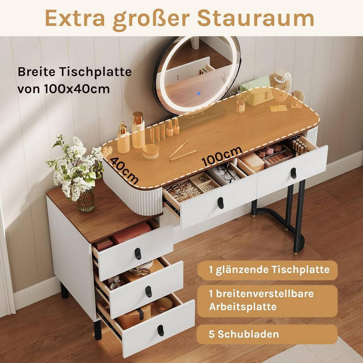 SCHMINKTISCH mit LED, Spiegel, Orangebraune Holzoptik - Nussbaumfarben/Schwarz, Glas/Holz (100/126/40cm) - Woltu