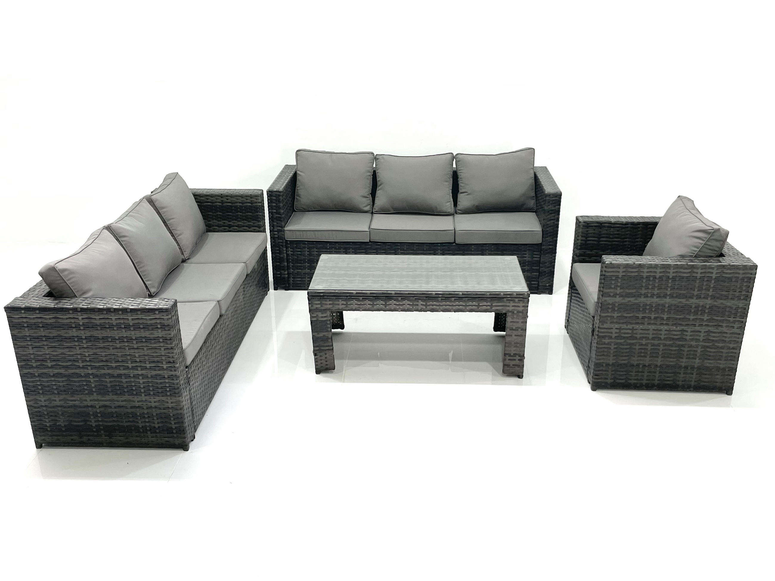 GARTENMÖBEL-SET COUCHTISCH SESSEL SOFA mit HOCKER Polyrattan Dunkelgrau Gemischt 7-Sitzer - Dunkelgrau/Grau, Glas/Kunststoff - Fimous