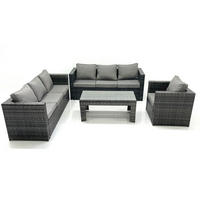 GARTENMÖBEL-SET COUCHTISCH SESSEL SOFA mit HOCKER Polyrattan Dunkelgrau Gemischt 7-Sitzer - Dunkelgrau/Grau, Glas/Kunststoff - Fimous
