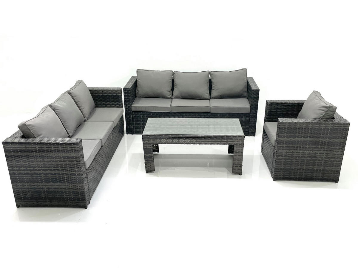 GARTENMÖBEL-SET COUCHTISCH SESSEL SOFA mit HOCKER Polyrattan Dunkelgrau Gemischt 7-Sitzer - Dunkelgrau/Grau, Glas/Kunststoff - Fimous