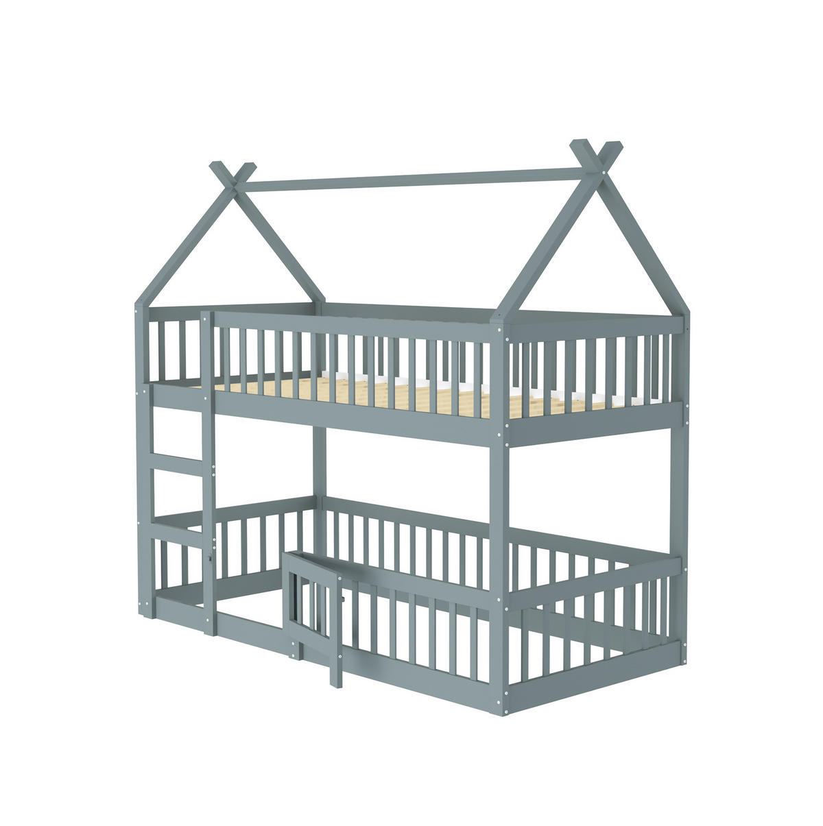 ETAGENBETT aus Holz 90x200 cm Grau mit Treppe, hohem Fallschutz und Spielbereich - Grau, Holzwerkstoff (90/200cm) - Modfu