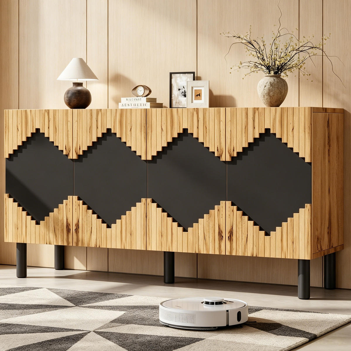 KUCHYŇSKÁ SKŘÍŇ v přírodní a černé barvě se 2 dvířky do obývacího pokoje a jídelny, 140×40×70 cm - přírodní/černá, kov/kompozitní dřevo (140/70/40cm) - STILVORA