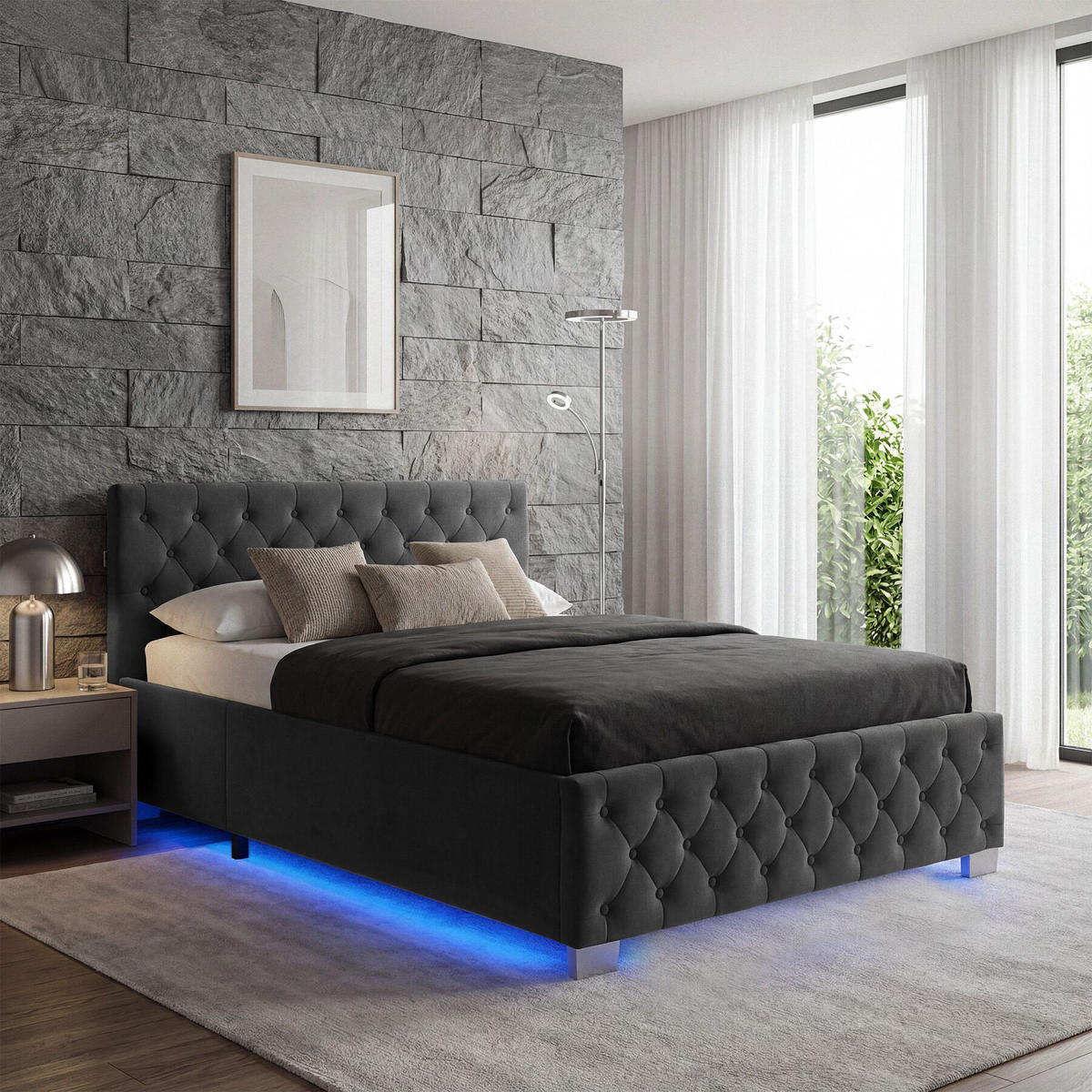 POLSTERBETT Sedona, großer Stauraum, Samtoptik schwarz - Schwarz/Samtahornfarben, Holz (120/200cm) - tectake