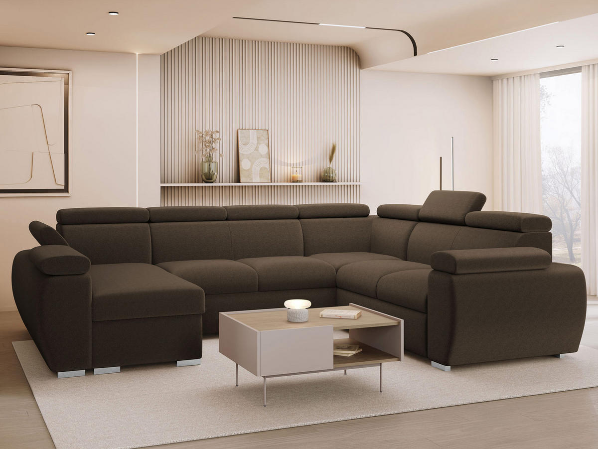 WOHNLANDSCHAFT Boston U, Seite: Links - LC+2P+R+2R - Chromfarben/Braun, Holz/Textil (325/98/260cm) - MIRJAN24