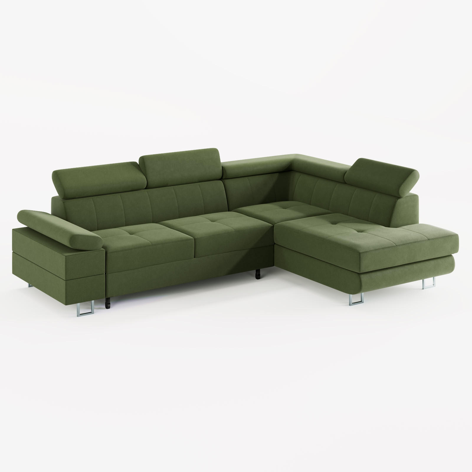 ECKSOFA CAROLINE Rechts Olivgrün matter Veloursstoff mit Schlaffunktion und Bettkasten - Chromfarben/Olivgrün, Textil (253/190cm) - Barchello