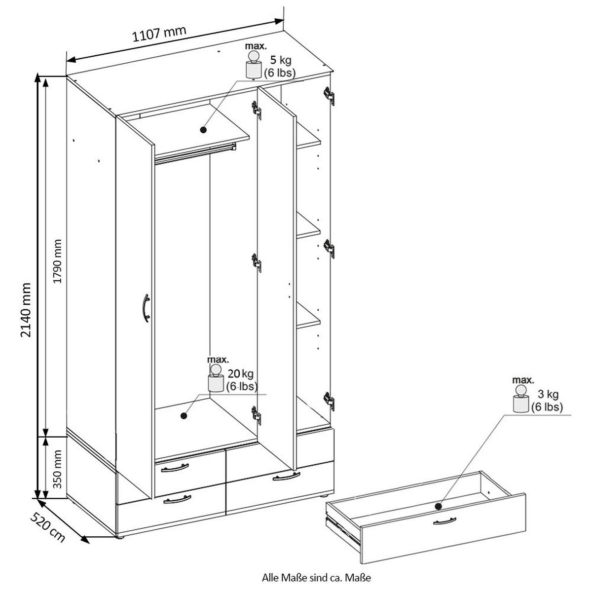 KLEIDERSCHRANK Basic Weiß 110,7 / 52 / 214 cm - Silberfarben/Weiß, Holz/Holzwerkstoff (110.7/214/52cm) - Feldmann-Wohnen