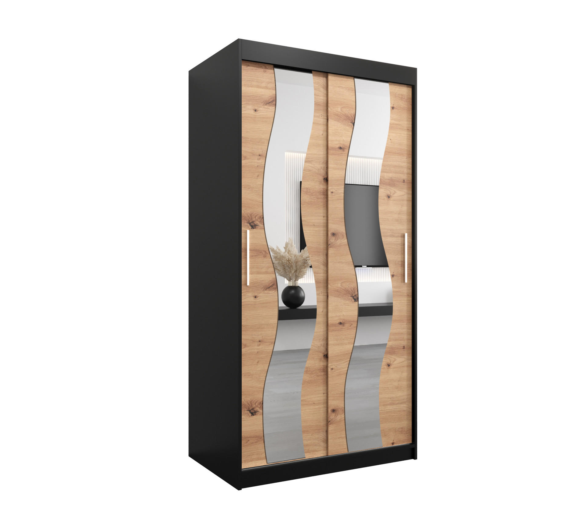 Abiks Möbel Schwebetürenschrank Schwarz, Eiche Artisan 100x200x62 cm