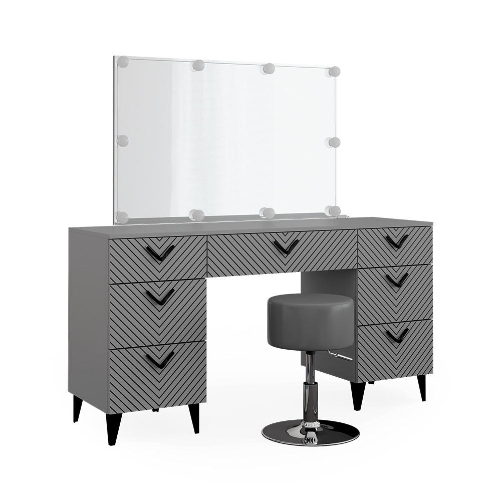 SCHMINKTISCH Anett Grau 150 cm mit LED Beleuchtung und Hocker - Grau, Holzwerkstoff (150/78.1/45cm) - Vicco