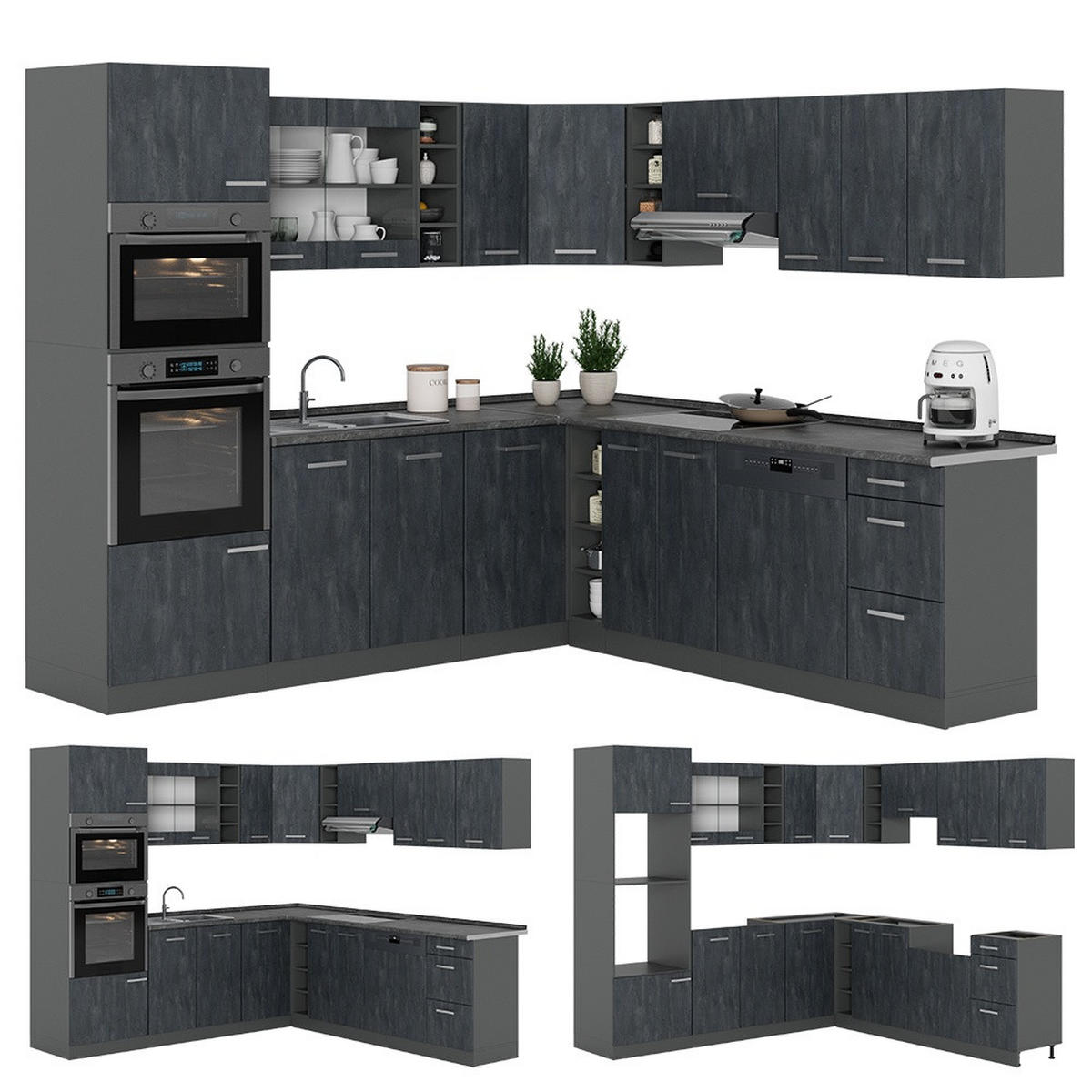 ECKKÜCHE R-Line, Schwarz Beton/Anthrazit, 247 x 237 cm AP Anthrazit - Anthrazit/Schwarz, Holzwerkstoff (247/81.6/60cm) - Vicco