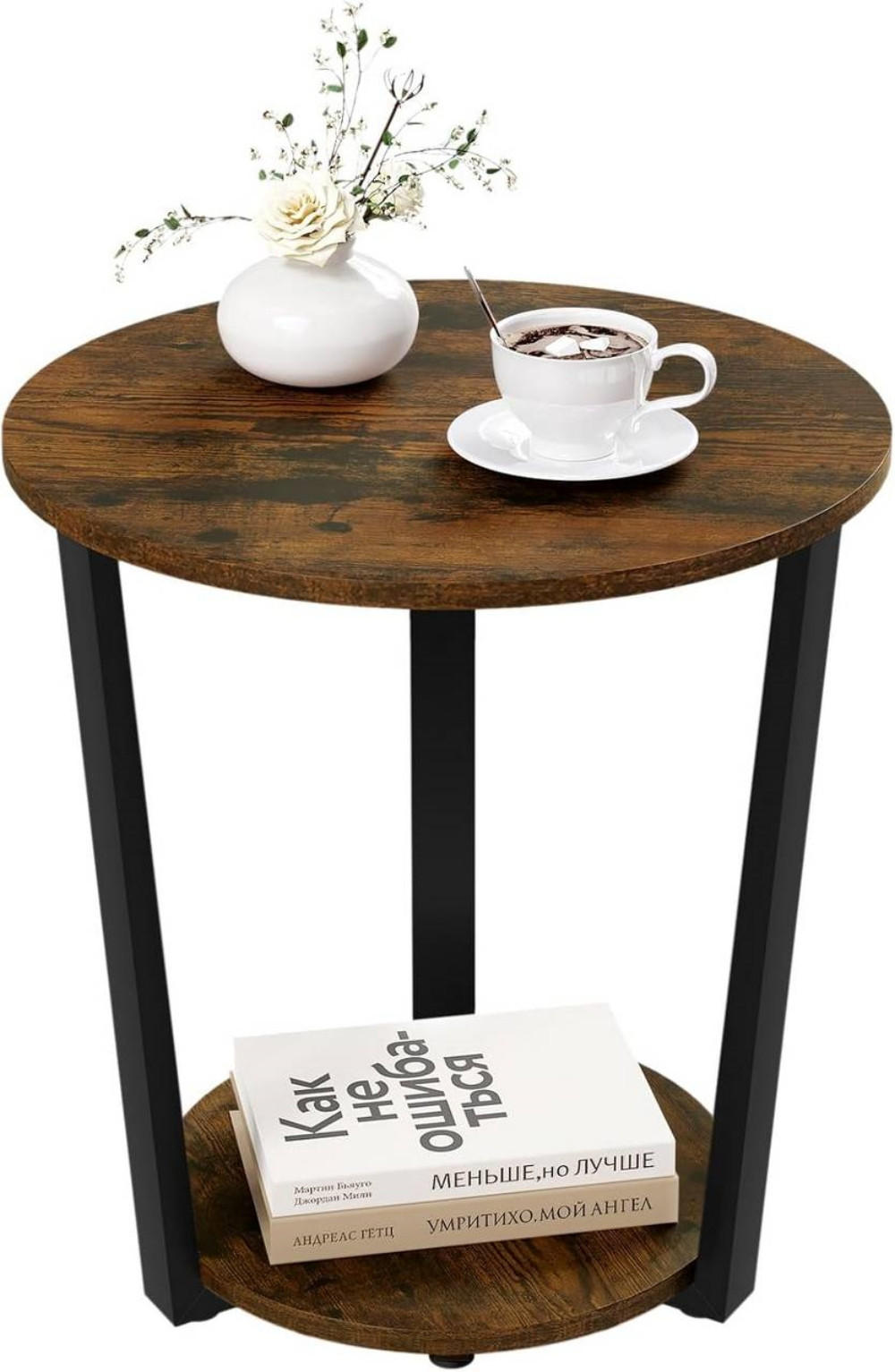 COUCHTISCH rund, mit 2 Ablagen, Rustikales Braun - Nussbaumfarben, Holzwerkstoff/Metall (50/50/53cm) - Woltu