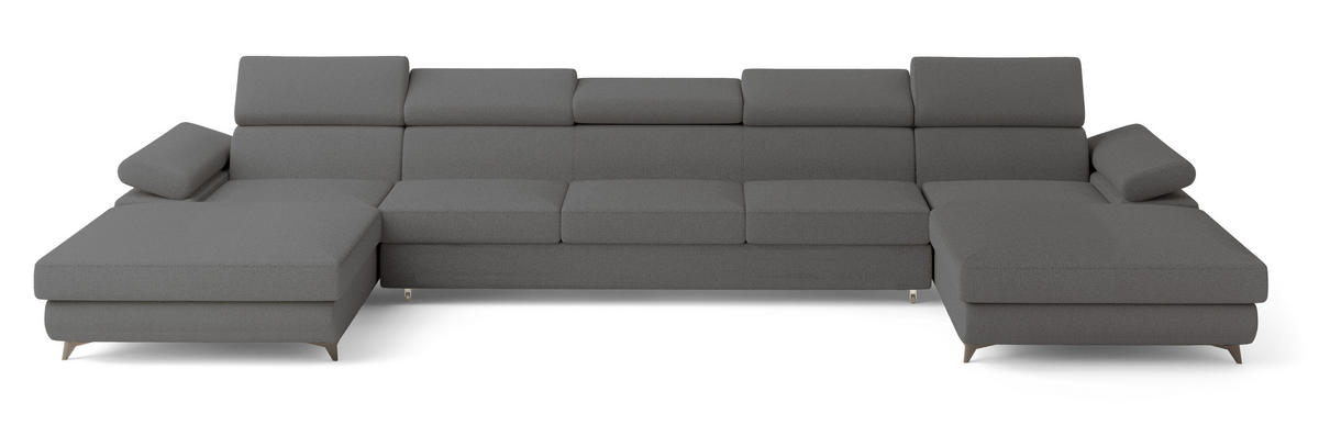 WOHNLANDSCHAFT VIVENTE Grau Boucle-Stoff mit Schlaffunktion - Grau, Holz (410/89/190cm) - MASSENO