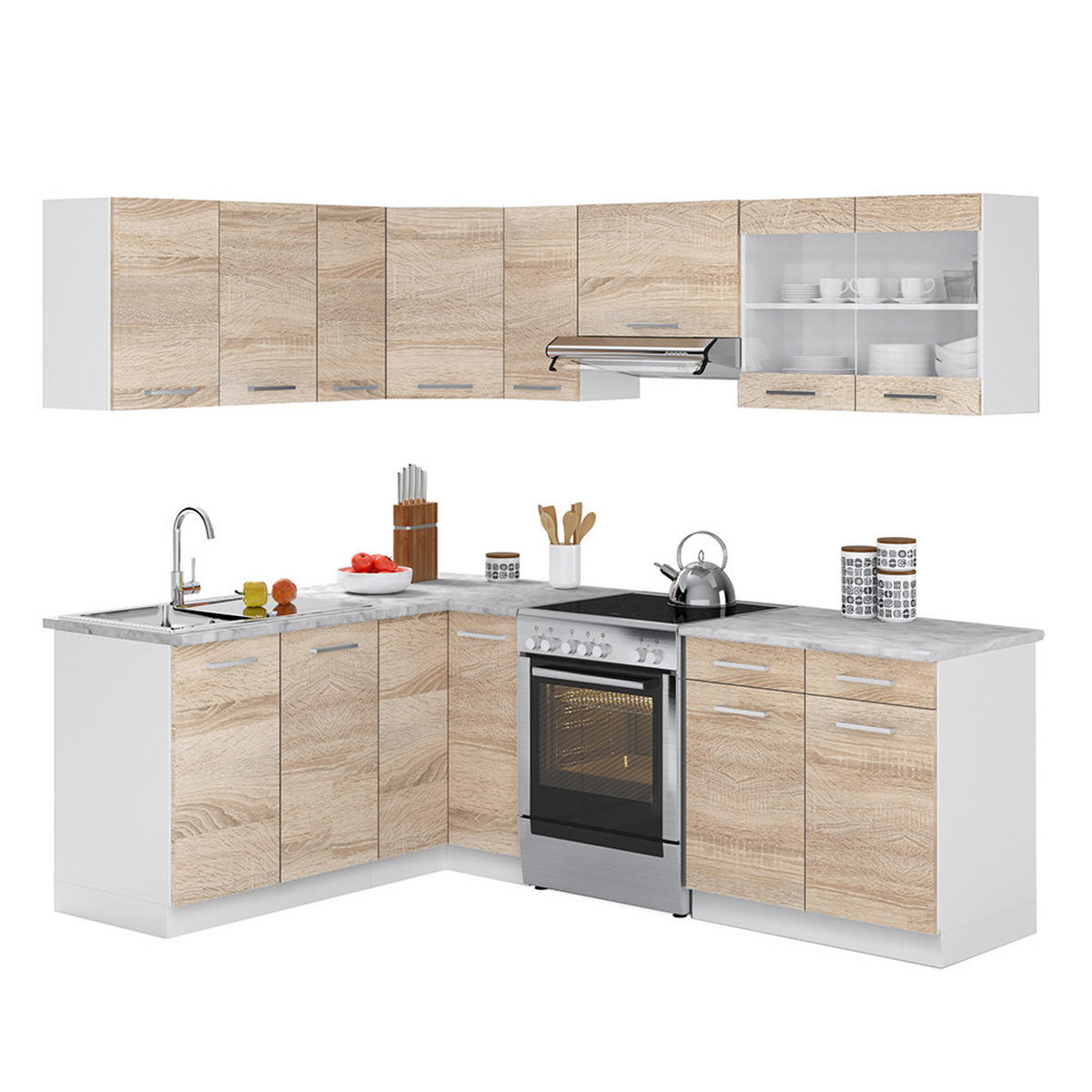 ECKKÜCHE Rick Weiß/Sonoma 227 x 167 cm , AP Marmor - Weiß, Holzwerkstoff (230/81.6/60cm) - Vicco