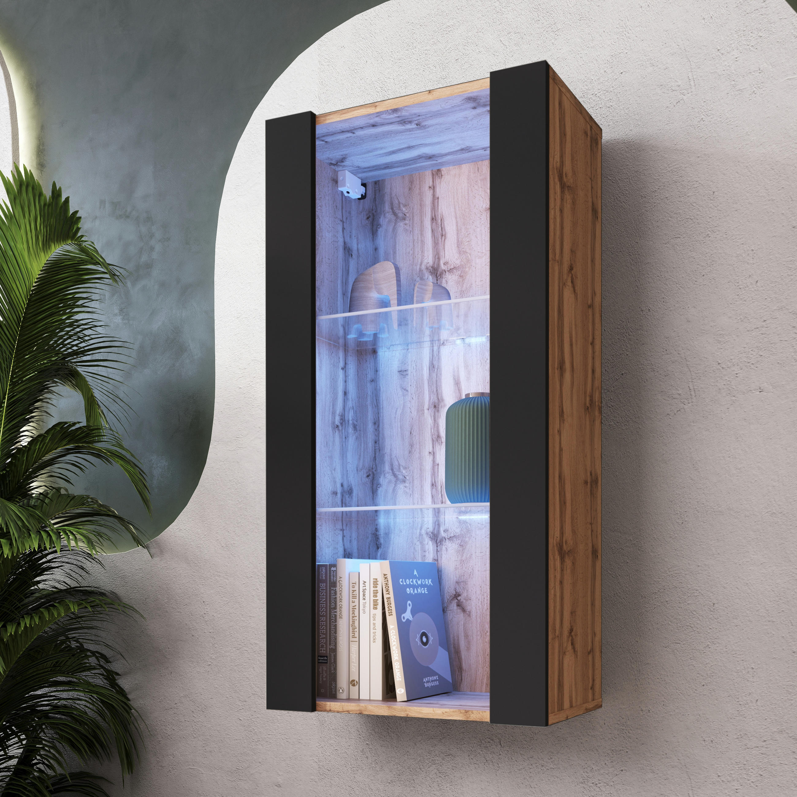 HÄNGEVITRINE TIVOLI Vertical 100, Schwarz, LED Blau - Eiche Wotan/Schwarz, Glas/Holzwerkstoff (50/100/29.5cm) - Komodee