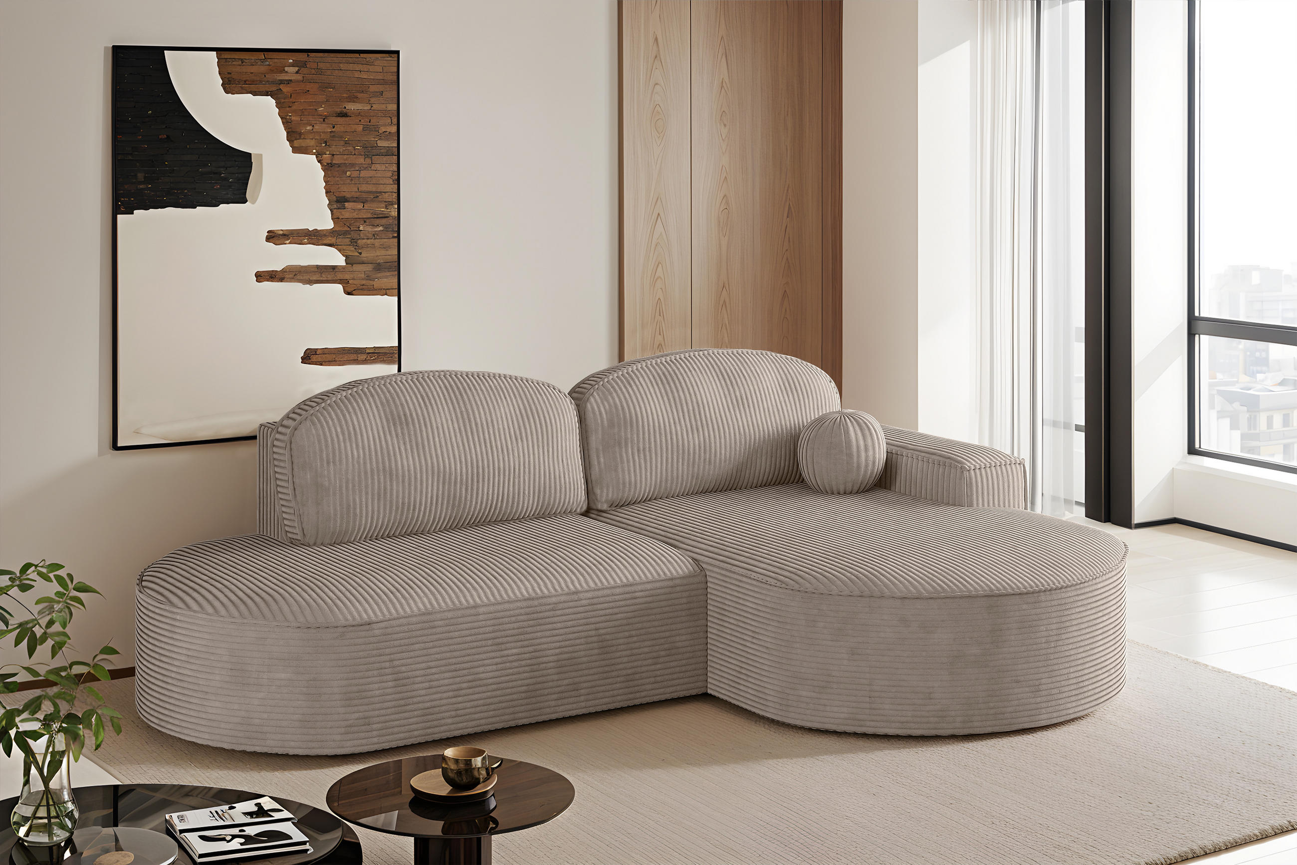 ECKSOFA mit Schlaffunktion und Bettkasten Modena Runden stoff Poso Dunkelbeige Rechts - Cappuccino, Holz/Textil (278/179cm) - Kaiser Möbel