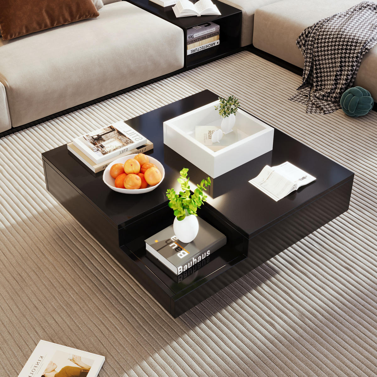 COUCHTISCH 72/72/30 cm schwarz/weiß aus Spanplatte mit LED-Lichteffekt - Schwarz, Holzwerkstoff (72/72/30cm) - OKMYHOME