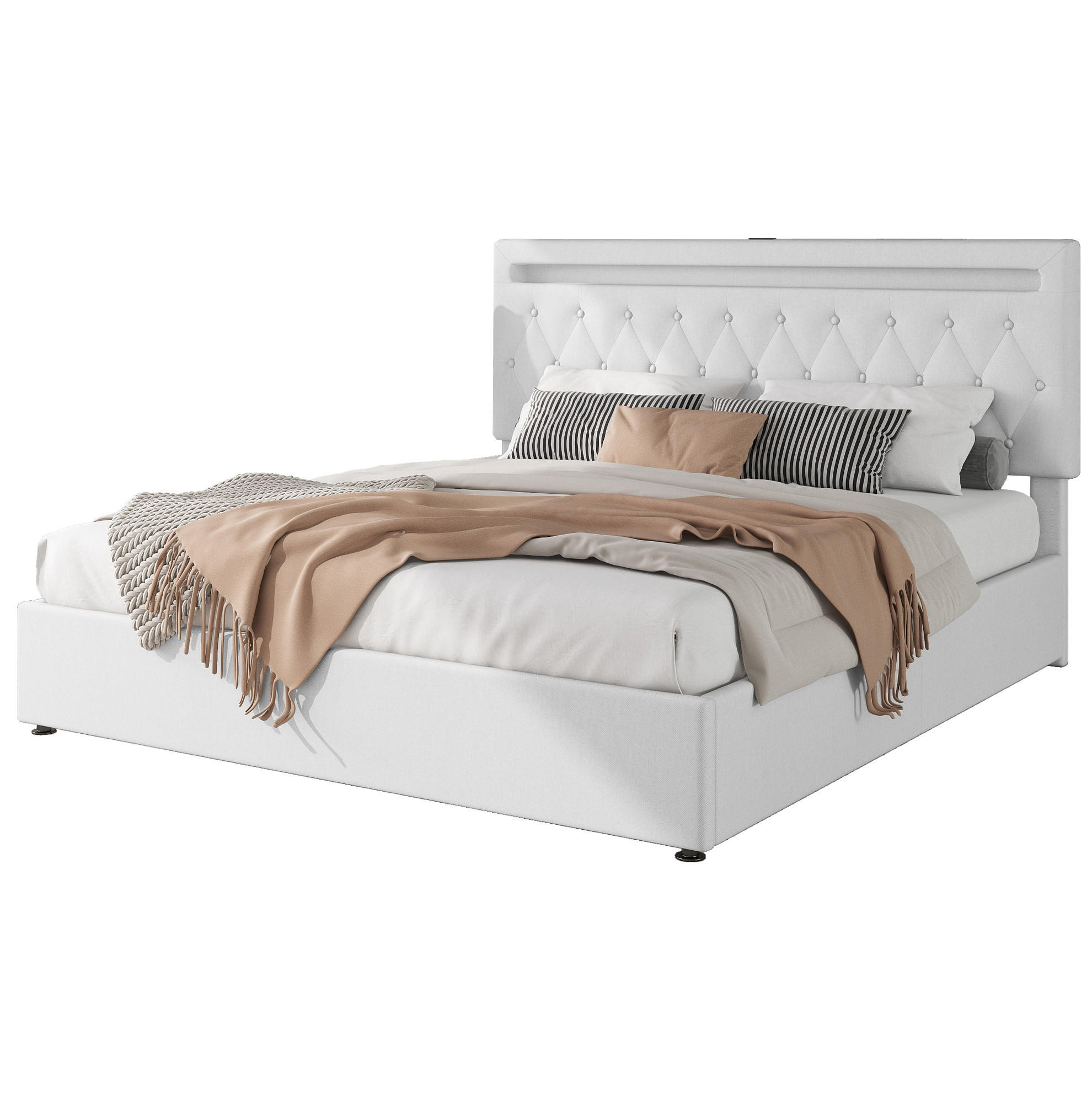 POLSTERBETT aus Leinen 180x200 cm in Weiß mit LED, USB-C & Stauraum - Weiß, Textil (180/200cm) - Modfu