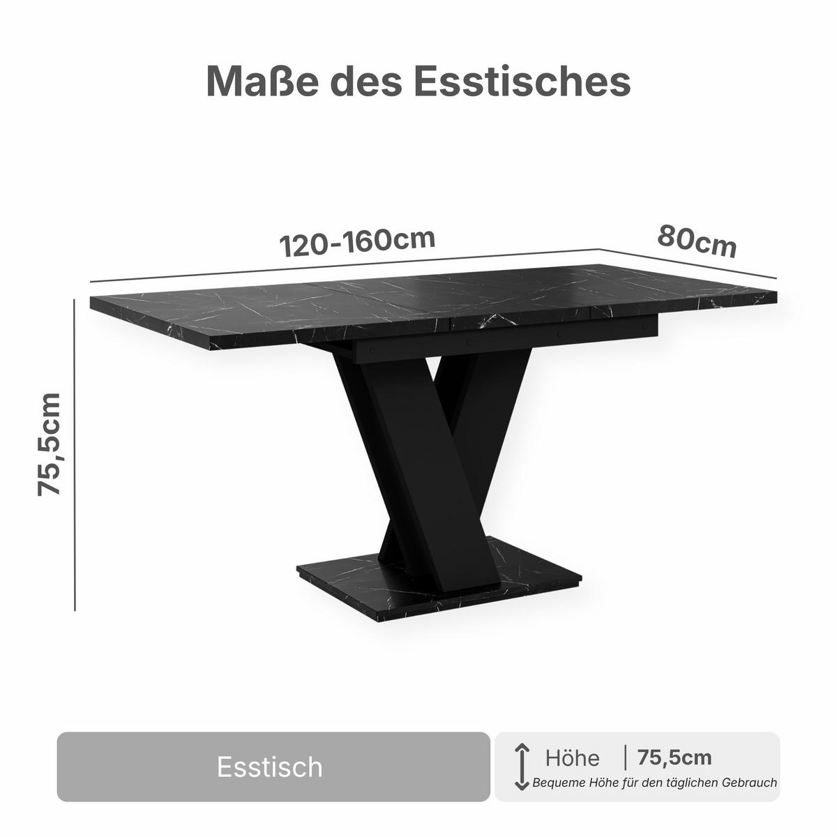 ESSTISCH Royal Schwarz Marmoptik Ausziehbar 120 - 160 cm - Schwarz, Holzwerkstoff (120/80/75cm) - PROSPERO