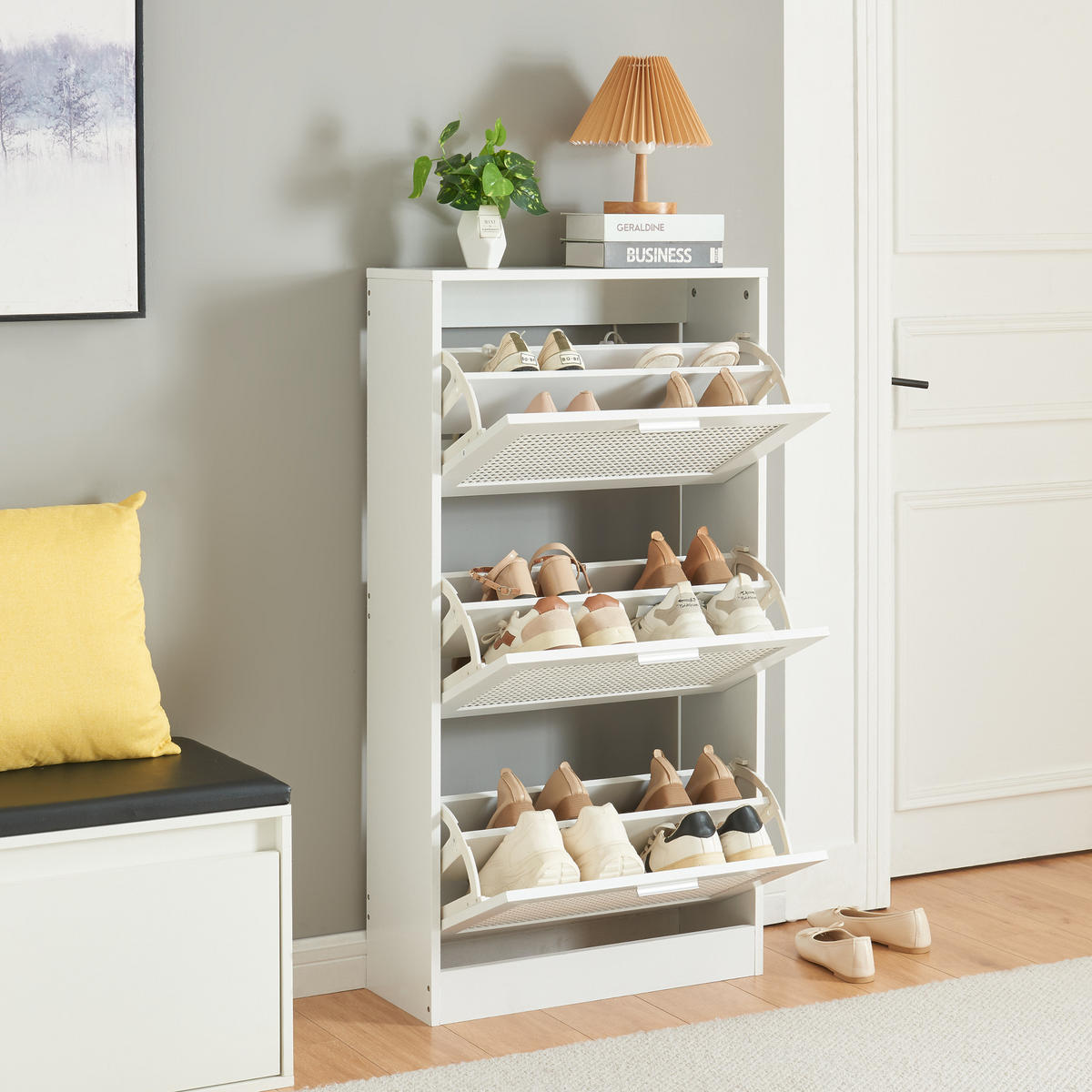 SCHUHKIPPER Vesilahti - Weiß, Holzwerkstoff/Kunststoff (60/115/23.5cm) - [en.casa]