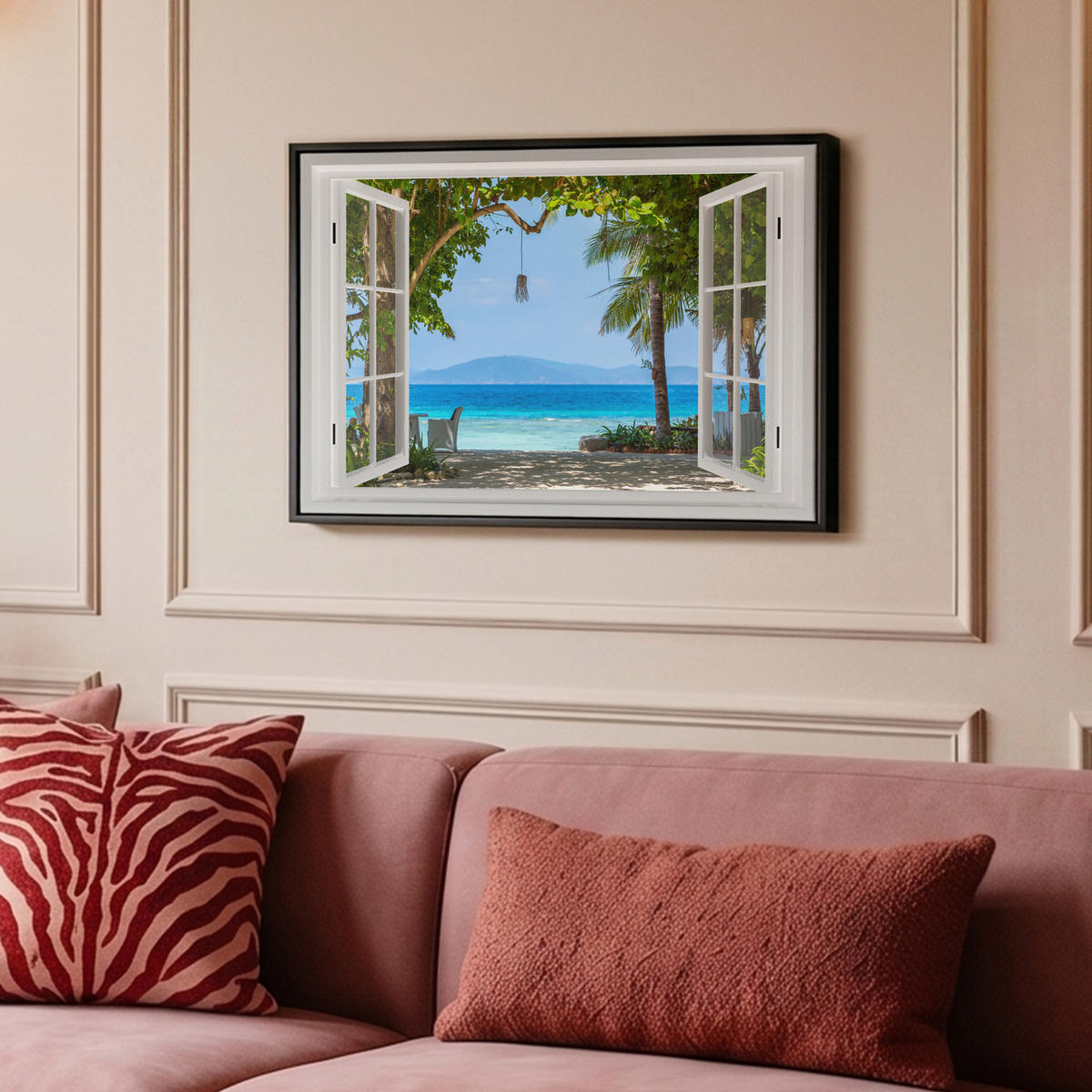 LEINWAND Bilder mit Rahmen - Aussicht - Baum - Meer - Palme - Hügel - Strand - Blau - 60x40 - Blau, Textil (60/40cm) - MuchoWow
