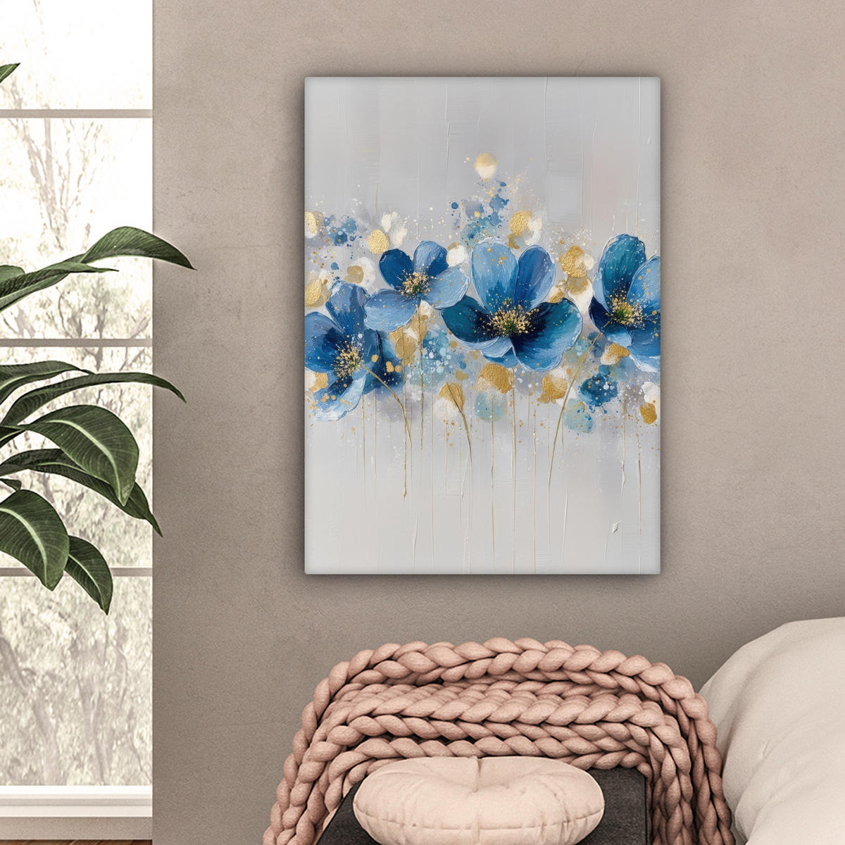 LEINWANDBILD Blumen - Blau - Abstrakt Wandbild Wohnzimmer 60x80 cm - Hellgrau, Textil (60/80cm) - MuchoWow